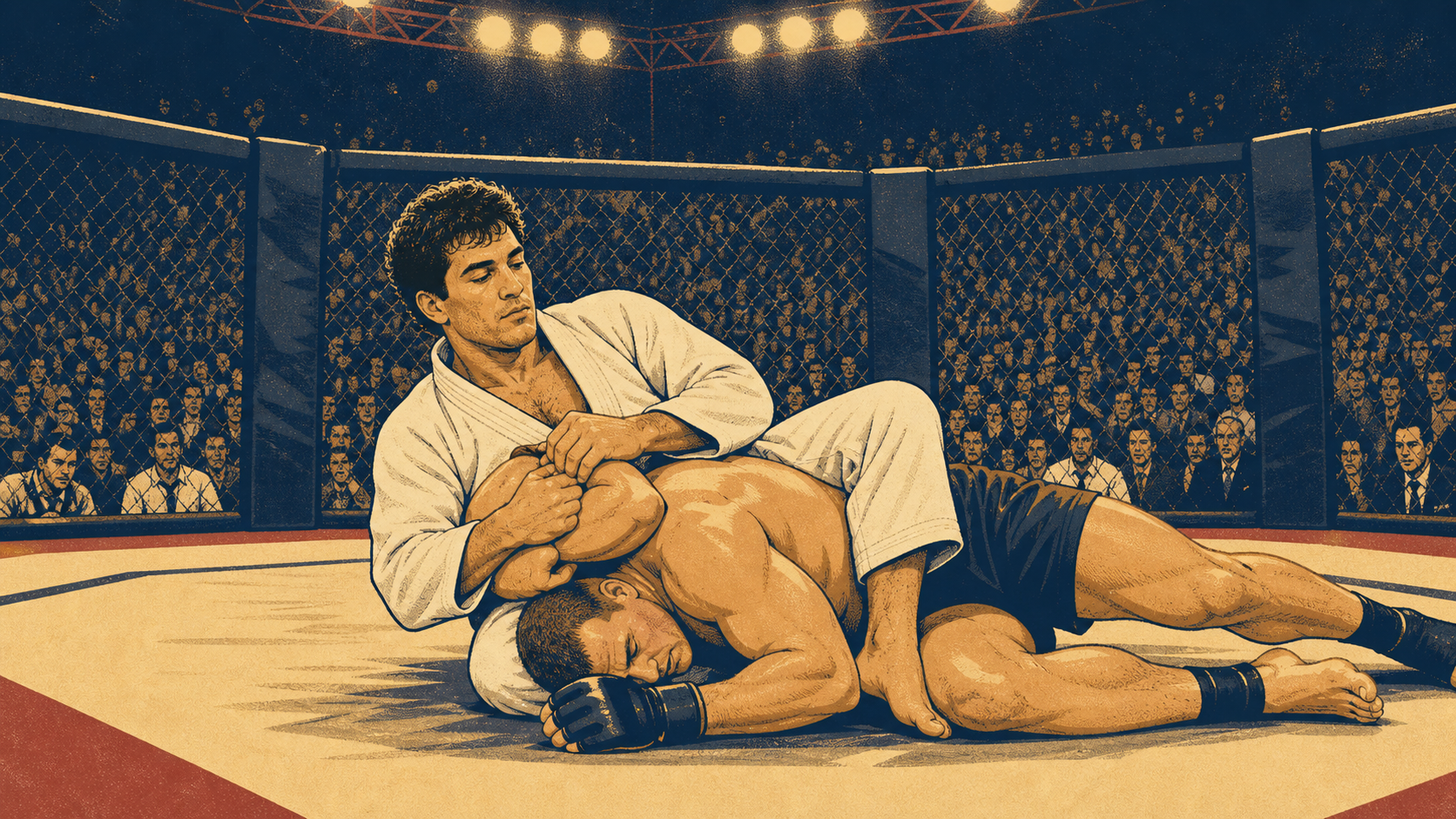 Original editorial illustration of a lean Brazilian jiu-jitsu fighter in a white gi controlling a larger opponent in a 1993-style arena