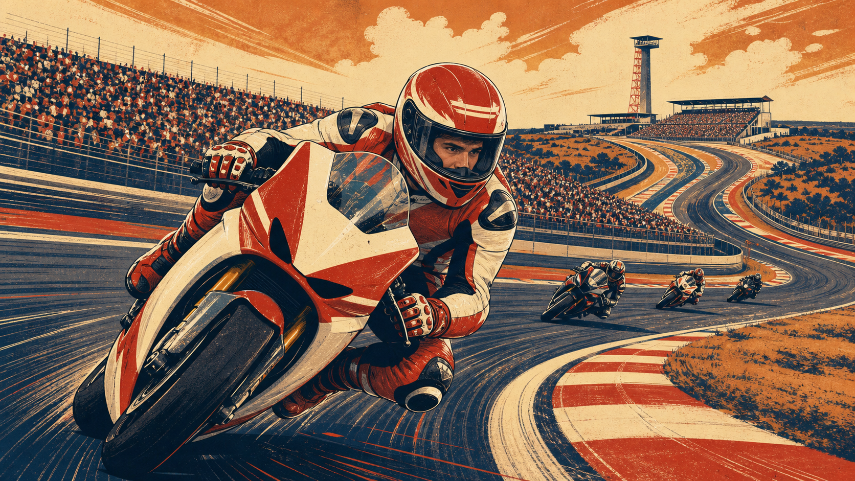 Original editorial illustration of a young Spanish rookie leading a 2013-era motorcycle Grand Prix in Austin