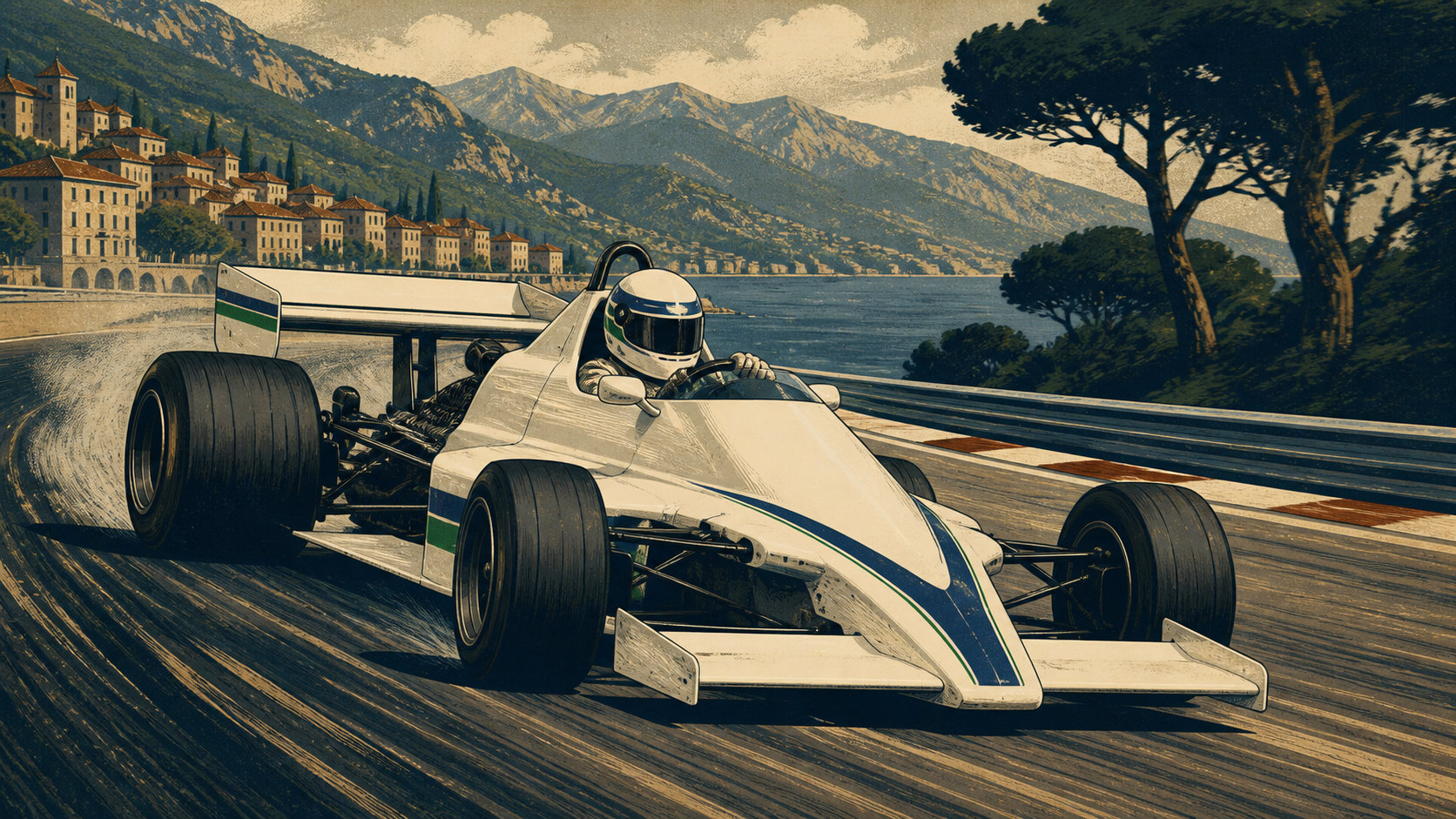 Original editorial illustration of a helmeted driver powersliding an unbranded 1982-style Formula racing car