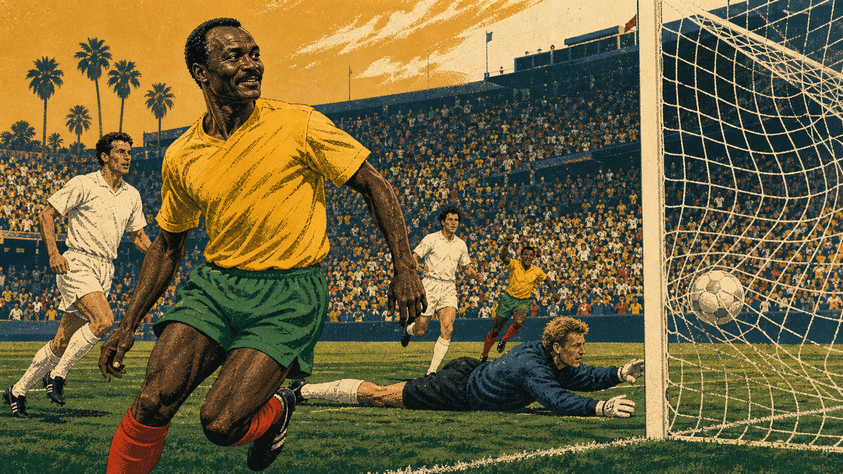 Original editorial illustration of an older Black Cameroonian striker scoring in a 1994-era World Cup stadium