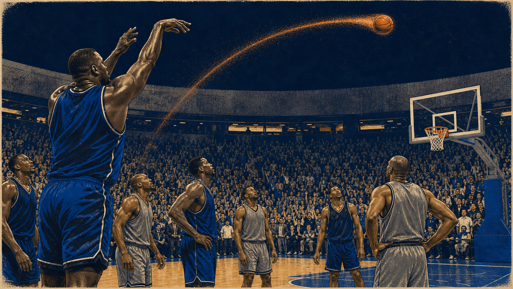 Original editorial illustration of a massive Black center launching a long three-point heave in a 1990s arena