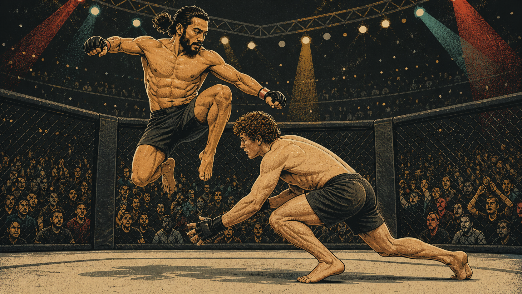 Original editorial illustration of a tan Latino welterweight launching a flying knee as a white wrestler lowers for a takedown
