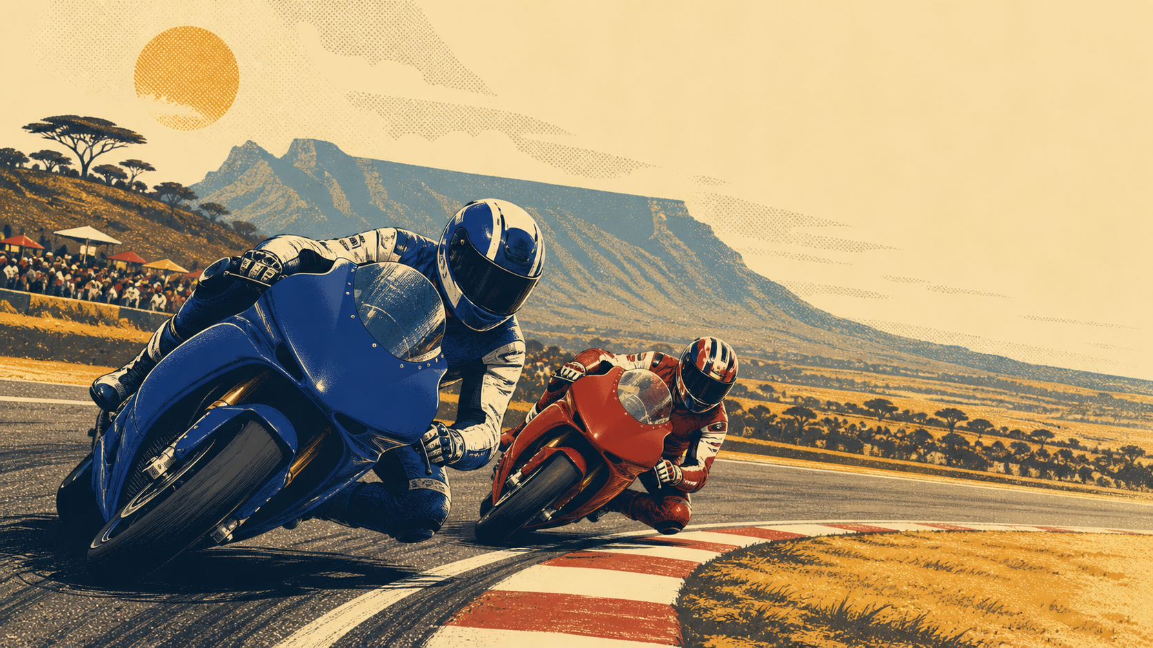 Original editorial illustration of two helmeted riders racing unbranded prototype motorcycles at a South African circuit