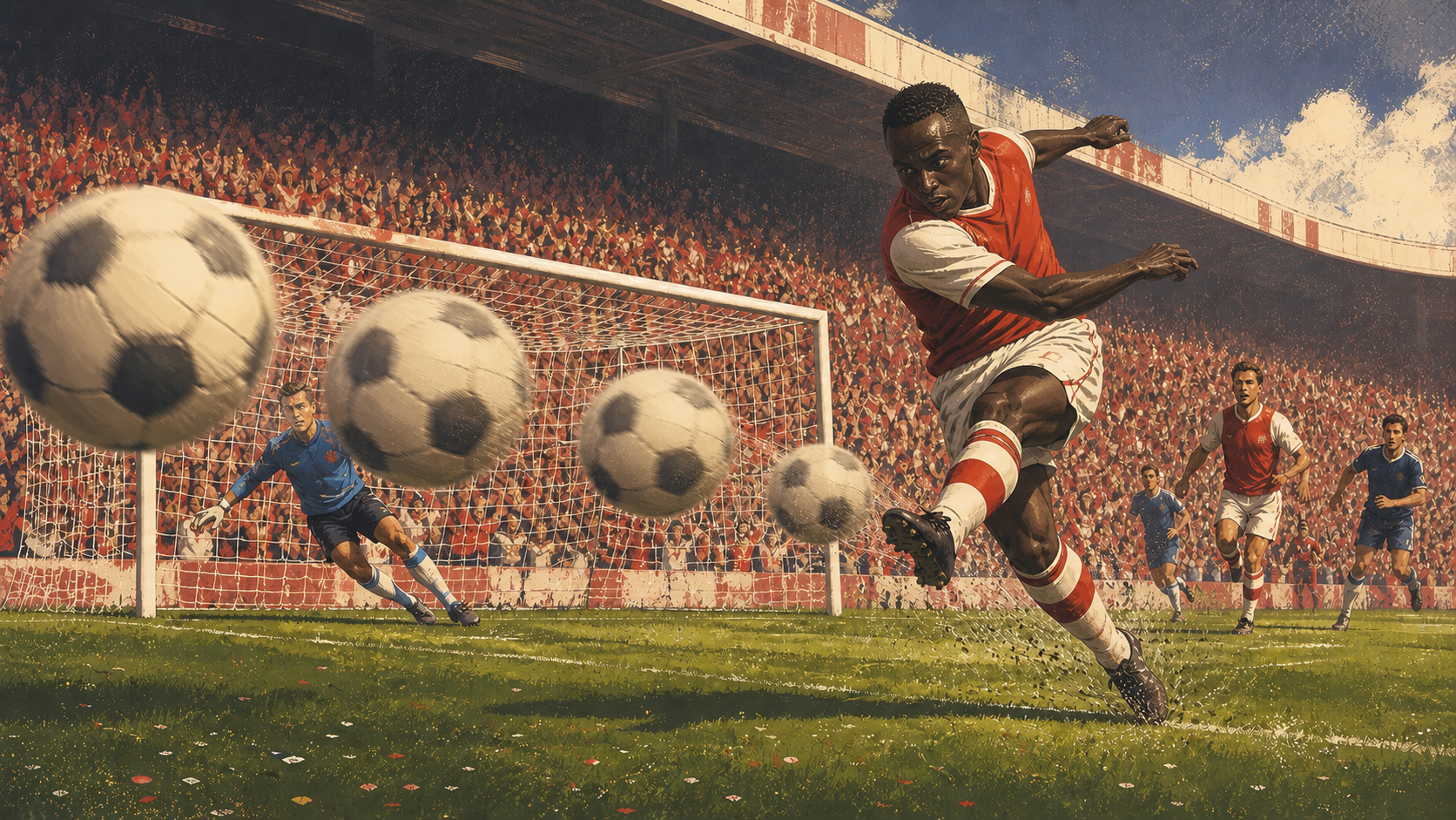 Editorial illustration of a fictional Black West African football striker scoring during a rapid hat-trick