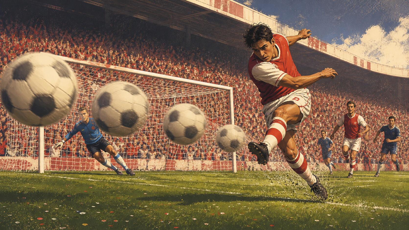 Editorial illustration of a fictional football striker scoring during a rapid hat-trick