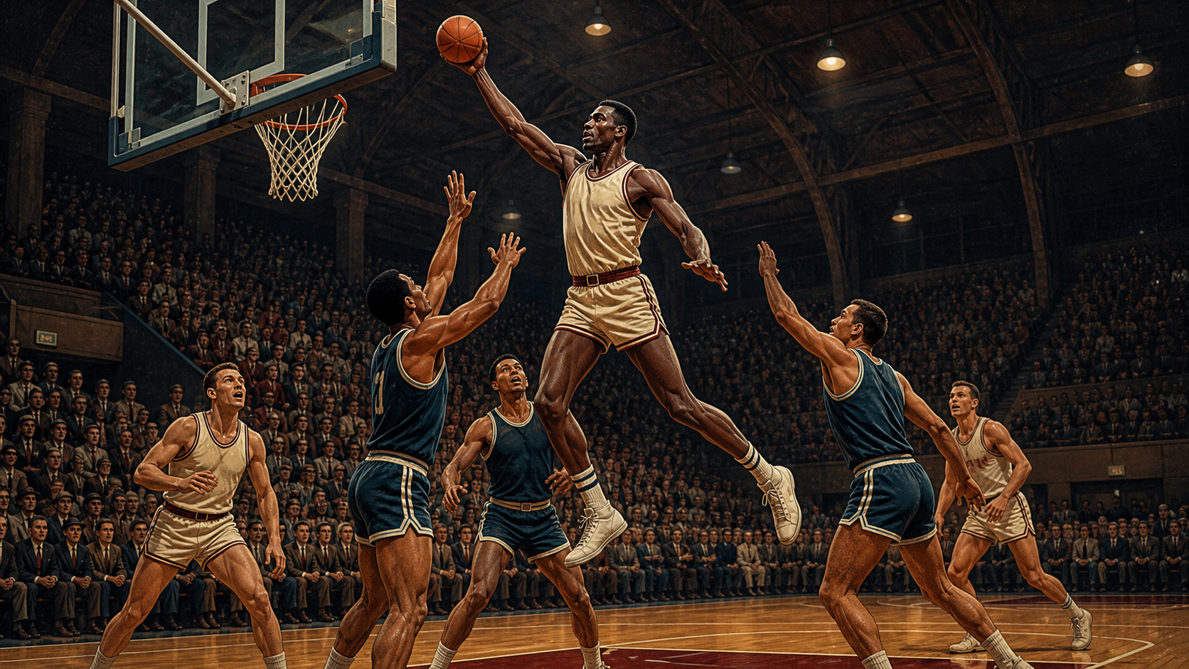 Editorial illustration of a towering fictional Black American basketball center scoring in a 1962 arena
