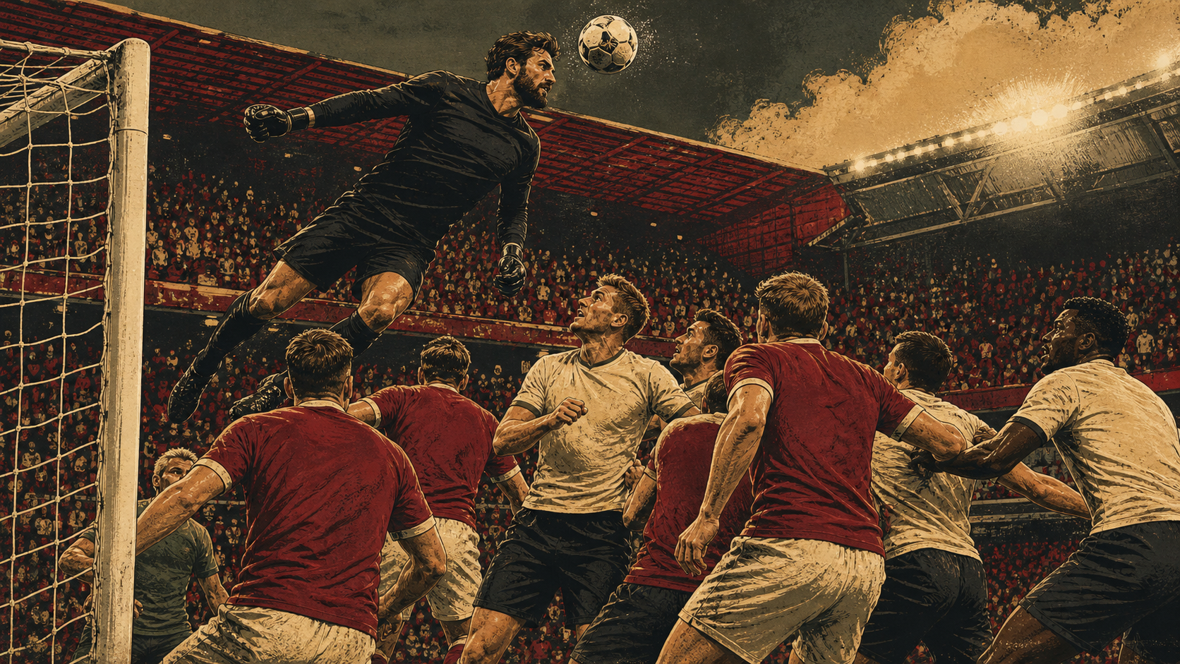 Original illustration of a tall white Brazilian goalkeeper with dark hair and beard heading a late corner in a crowded penalty area