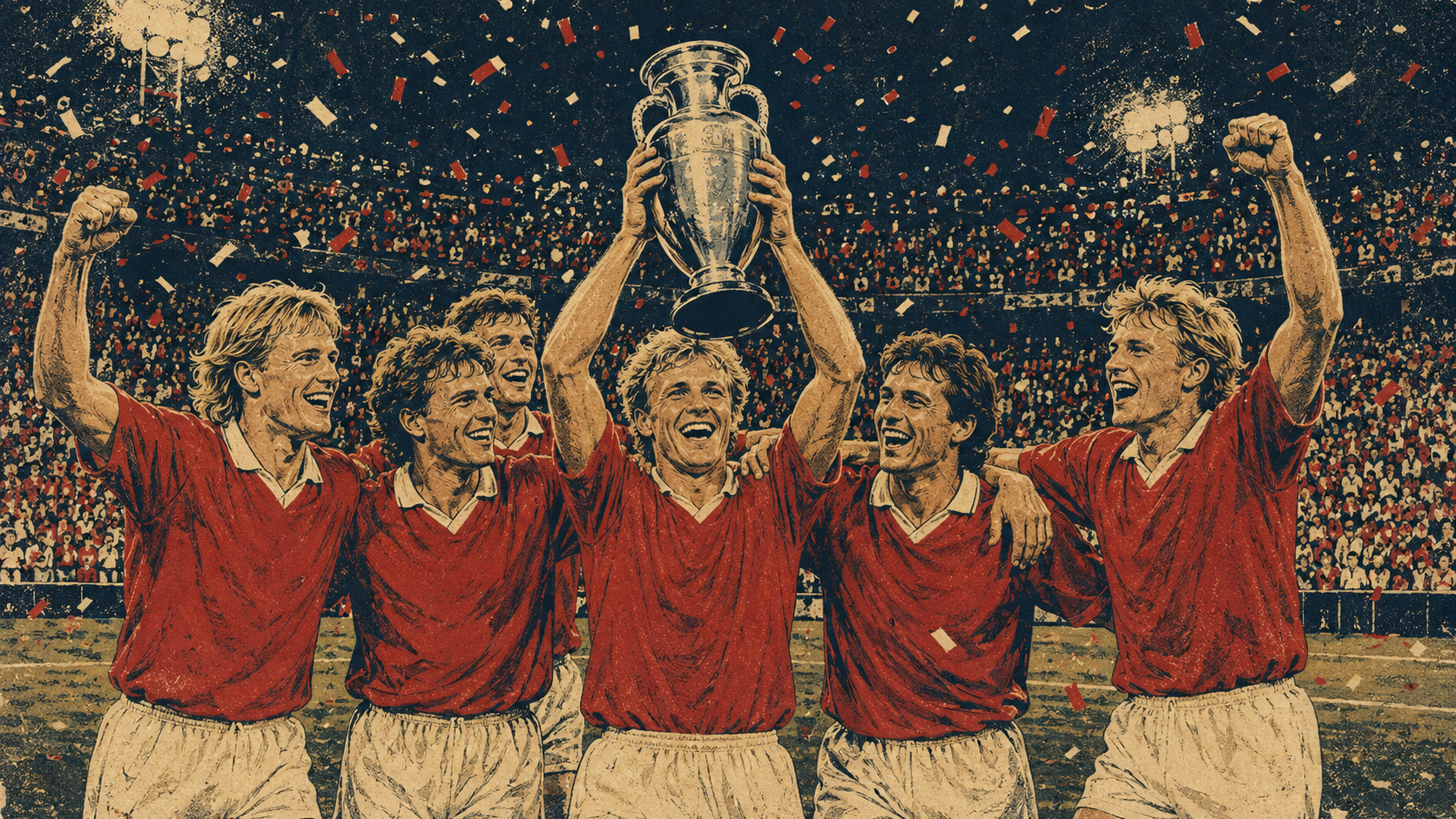 Original editorial illustration of white Danish footballers in plain red and white kits lifting an unbranded trophy in 1992