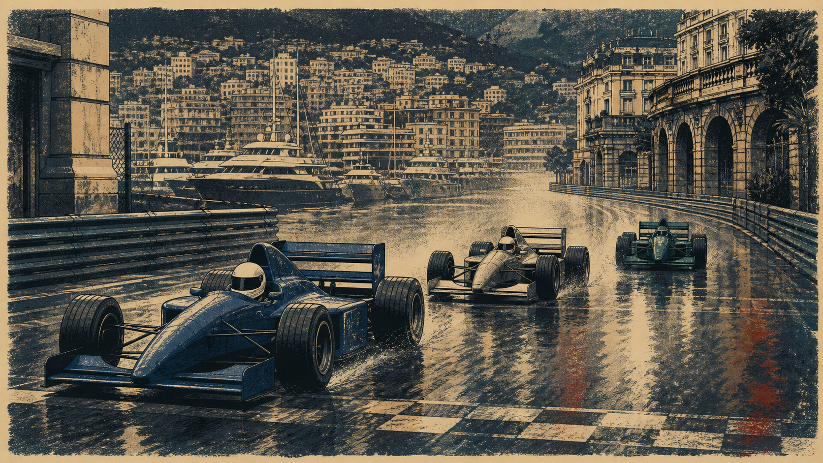 Original editorial illustration of exactly three unbranded 1996-era Formula racing cars finishing on a wet Monaco street circuit