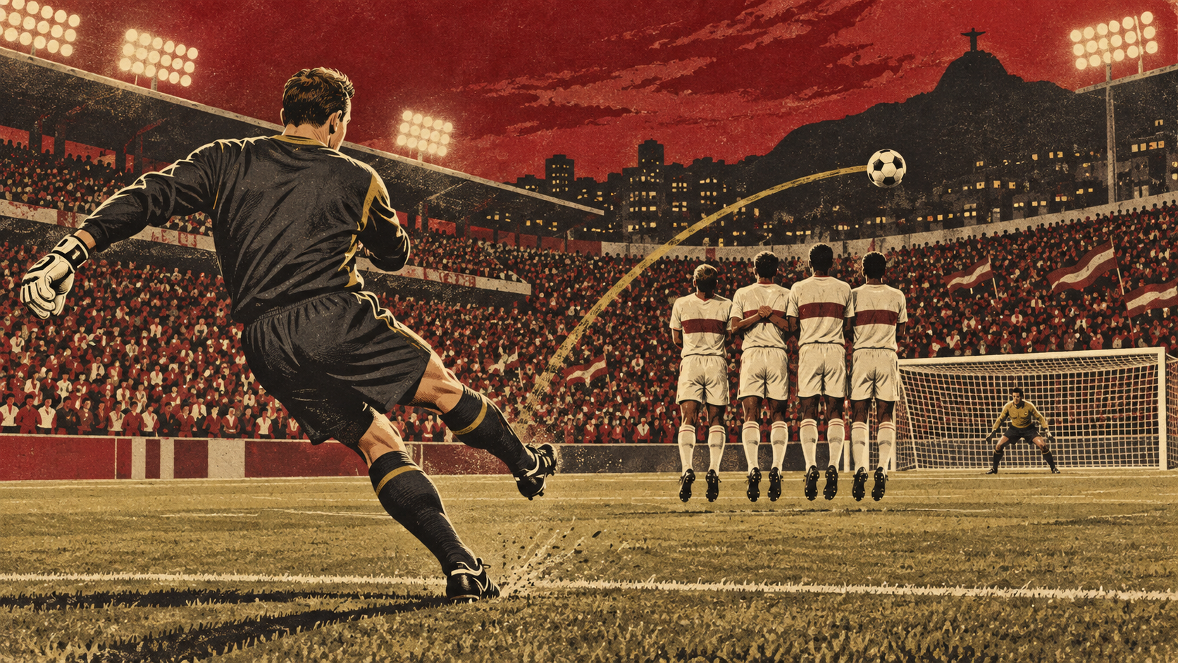 Original editorial illustration of a light-skinned Brazilian goalkeeper seen from behind taking a direct free kick in a packed stadium