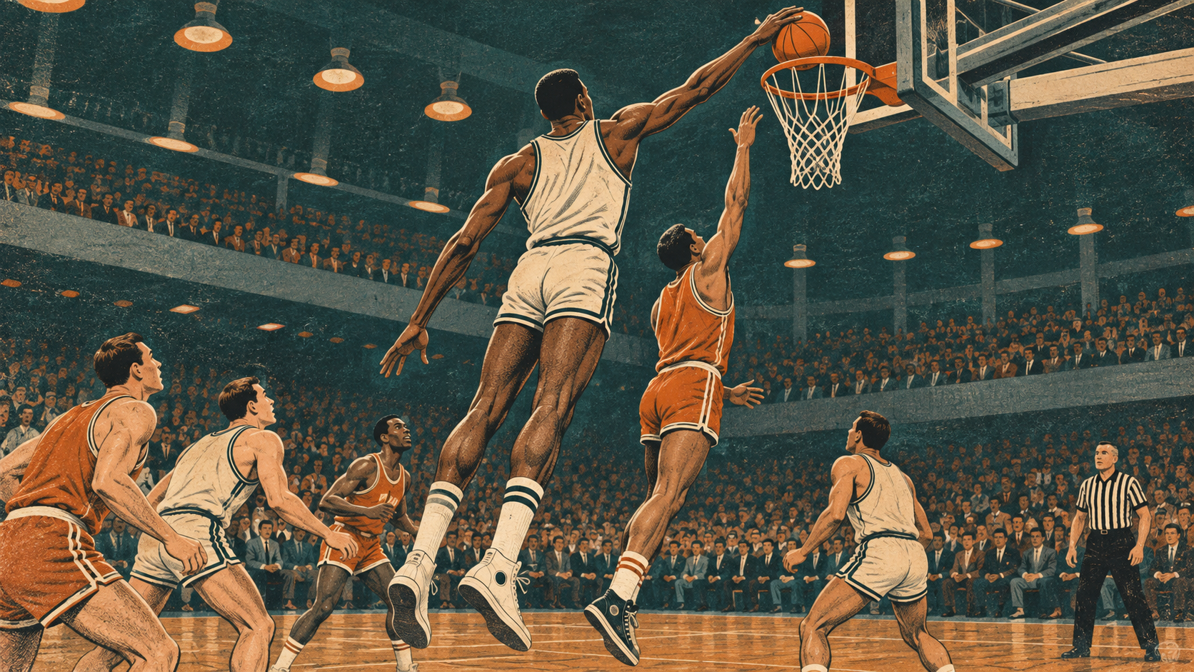 Original 1960s-style editorial illustration of a towering Black American center seen from behind making a controlled block at the basket