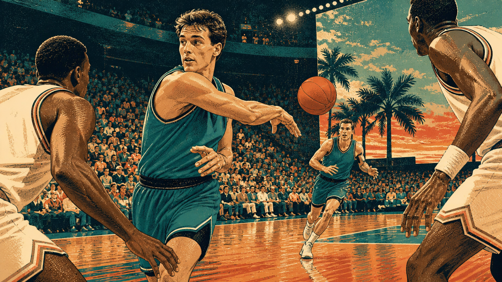 Original illustration of a young white American point guard making a no-look pass in a 1990-era professional basketball game