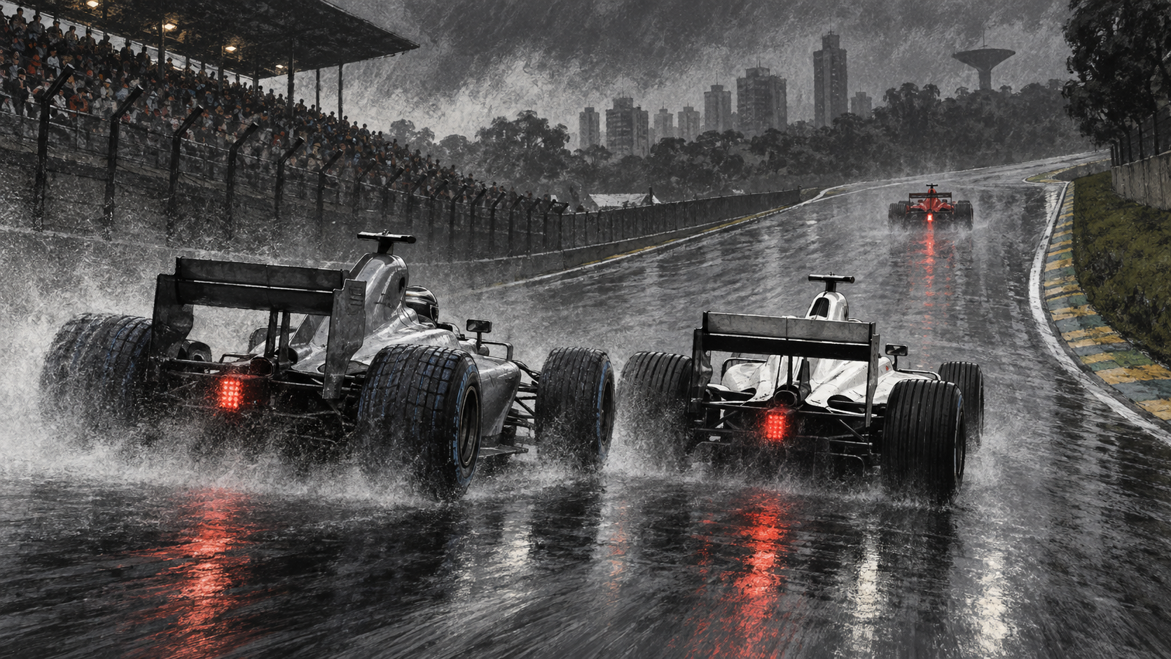 Original editorial illustration of unbranded late-2000s open-wheel race cars in a rain-soaked Brazilian circuit