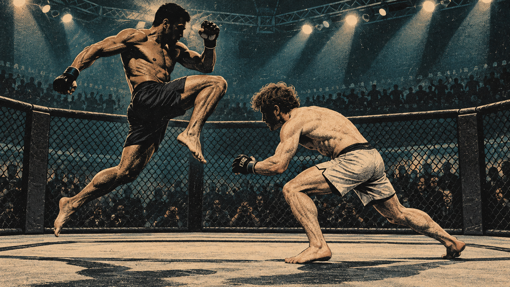 Original editorial illustration of a Cuban-American MMA striker with olive skin launching a knee toward a fair-skinned white American wrestler before contact