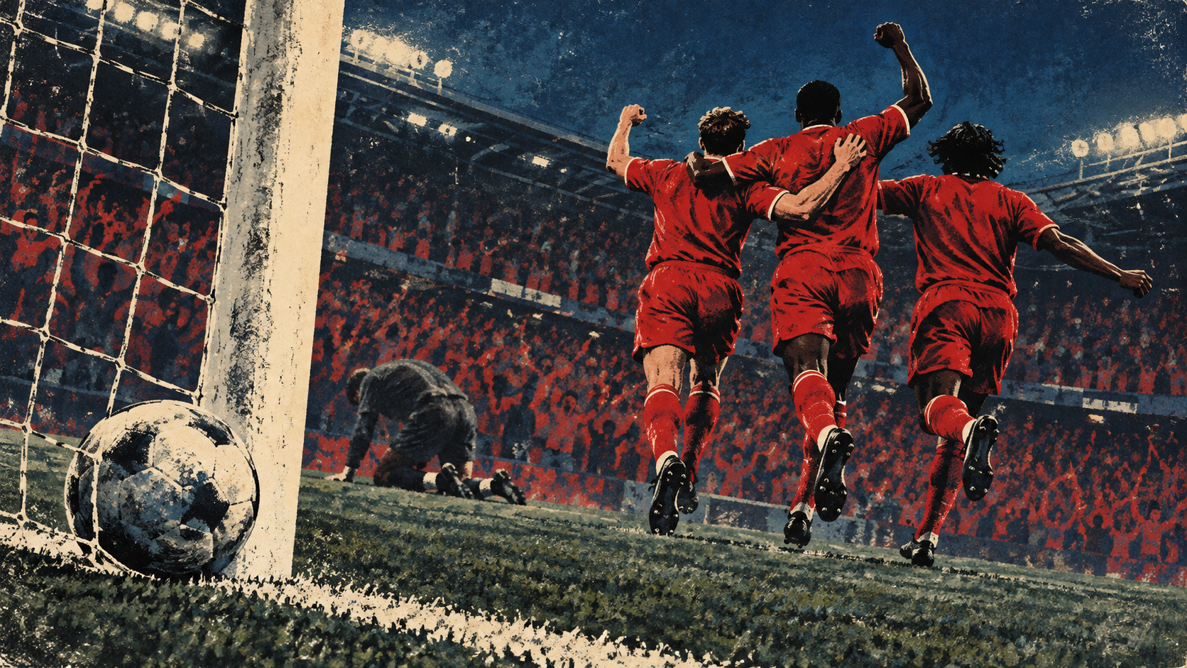 Original illustration of anonymous red-shirted footballers celebrating a goal in a night stadium