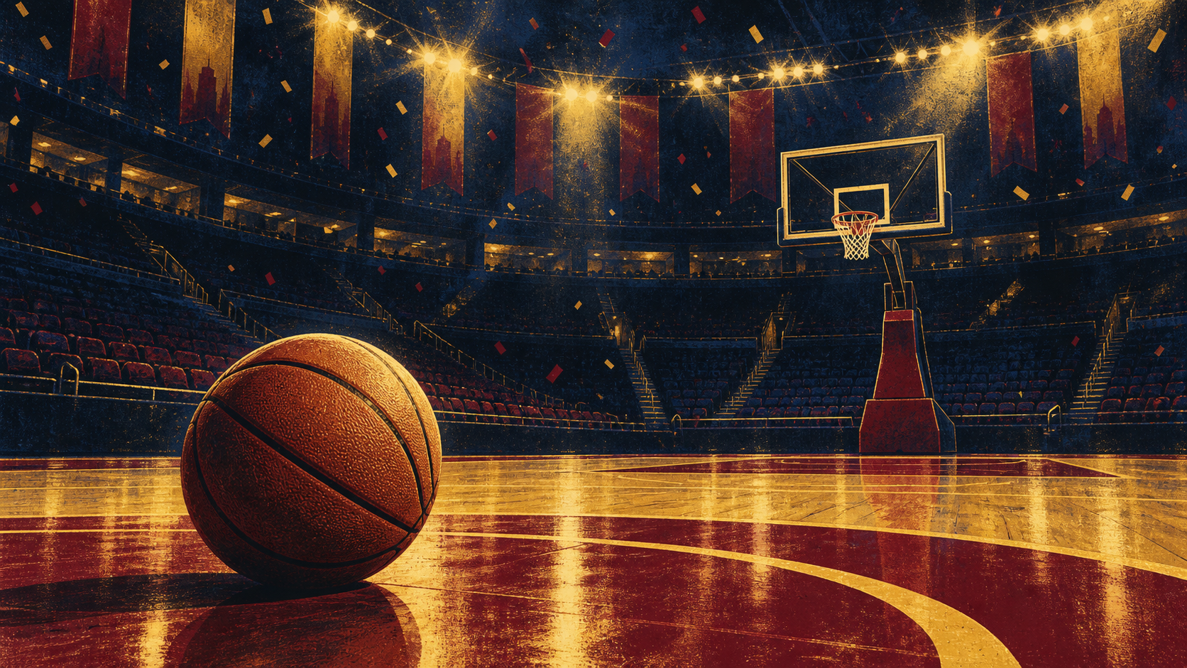 Original illustration of an empty basketball arena with a ball and hoop under dramatic lights