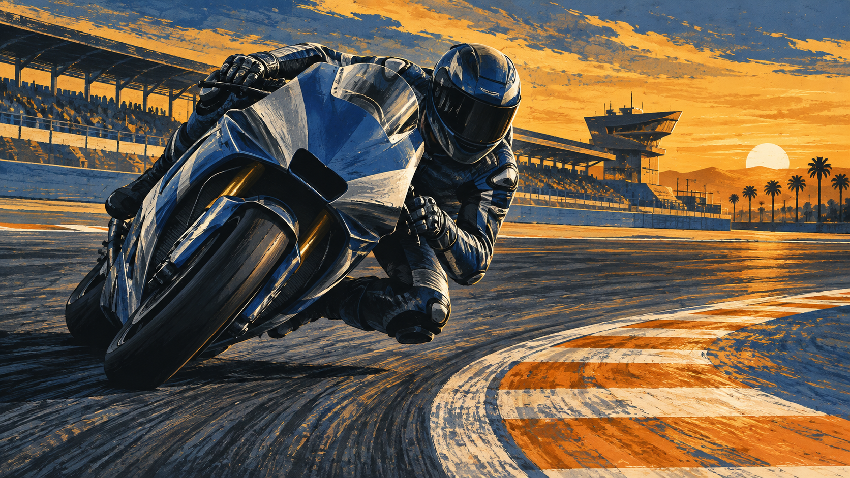 Original illustration of an anonymous helmeted rider on an unbranded blue-and-silver motorcycle at a circuit corner