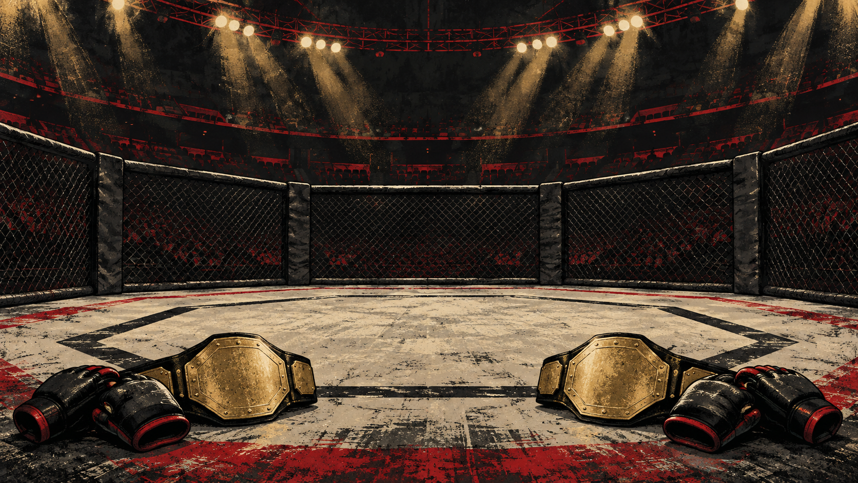 Original symbolic illustration of an empty fighting cage with plain gloves and two blank championship belts