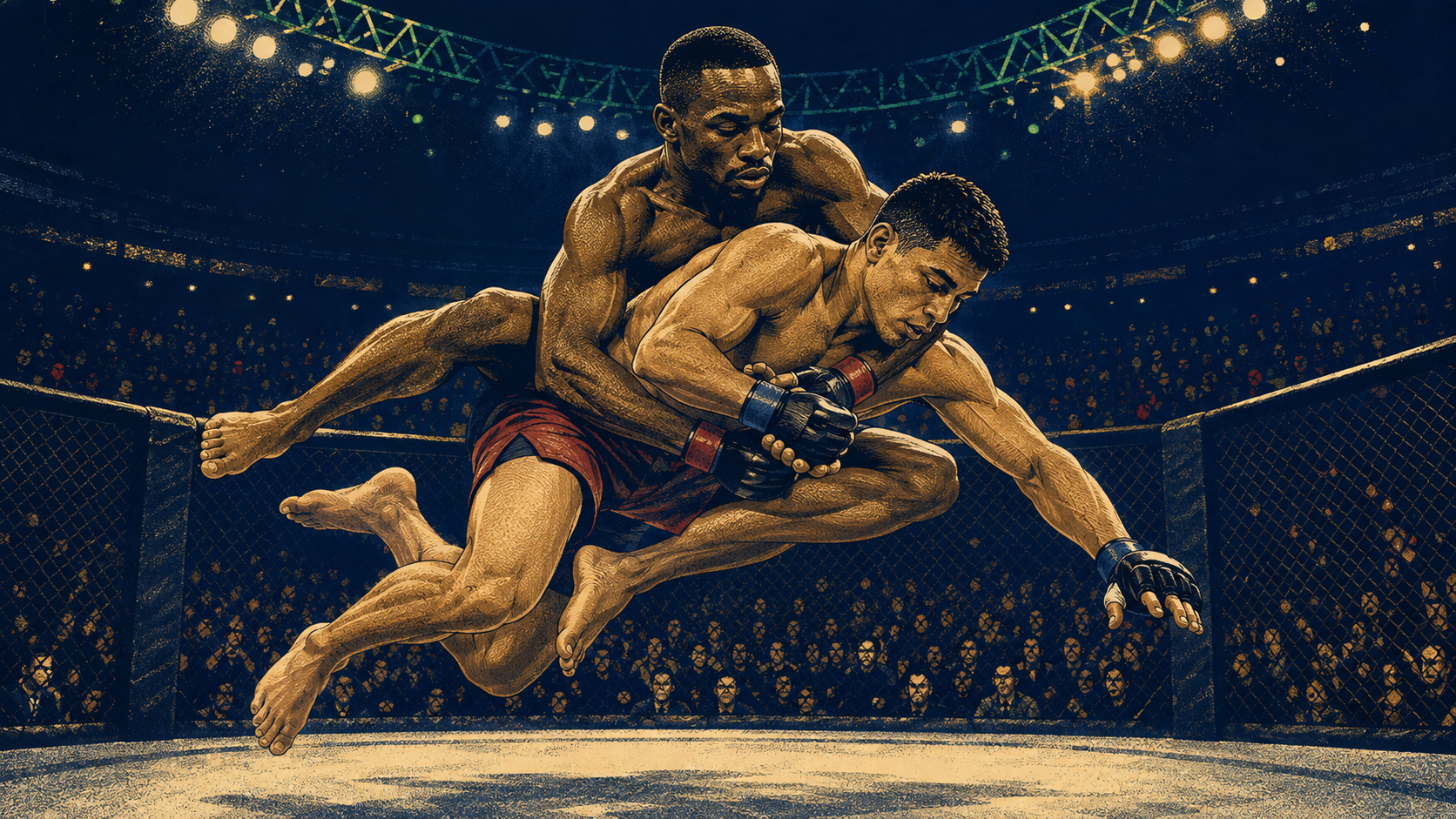 Original illustration of a compact Black American flyweight lifting a tan Latino opponent during a controlled mid-air grappling transition