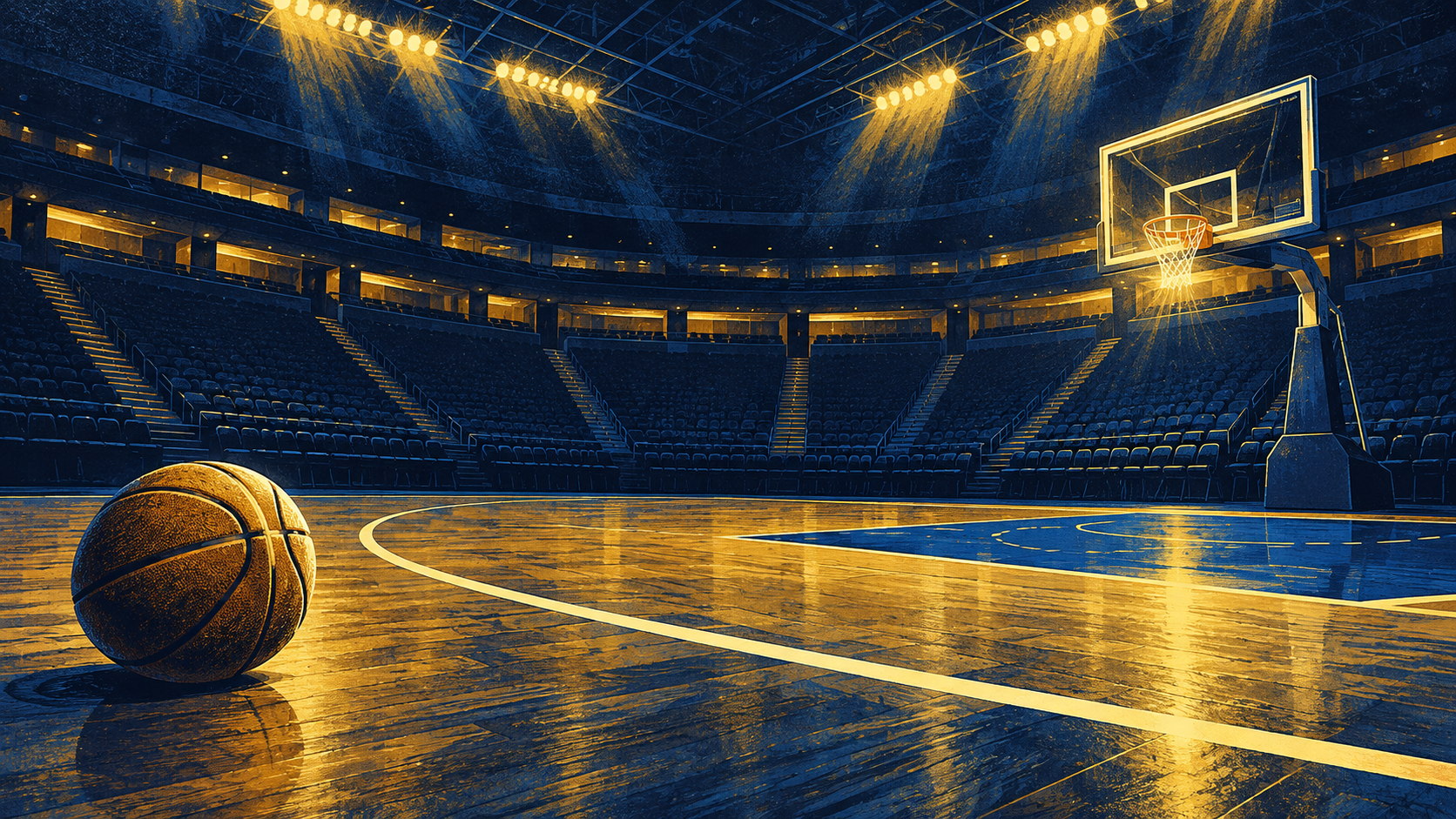 Original symbolic illustration of a basketball beyond the three-point arc in an empty arena