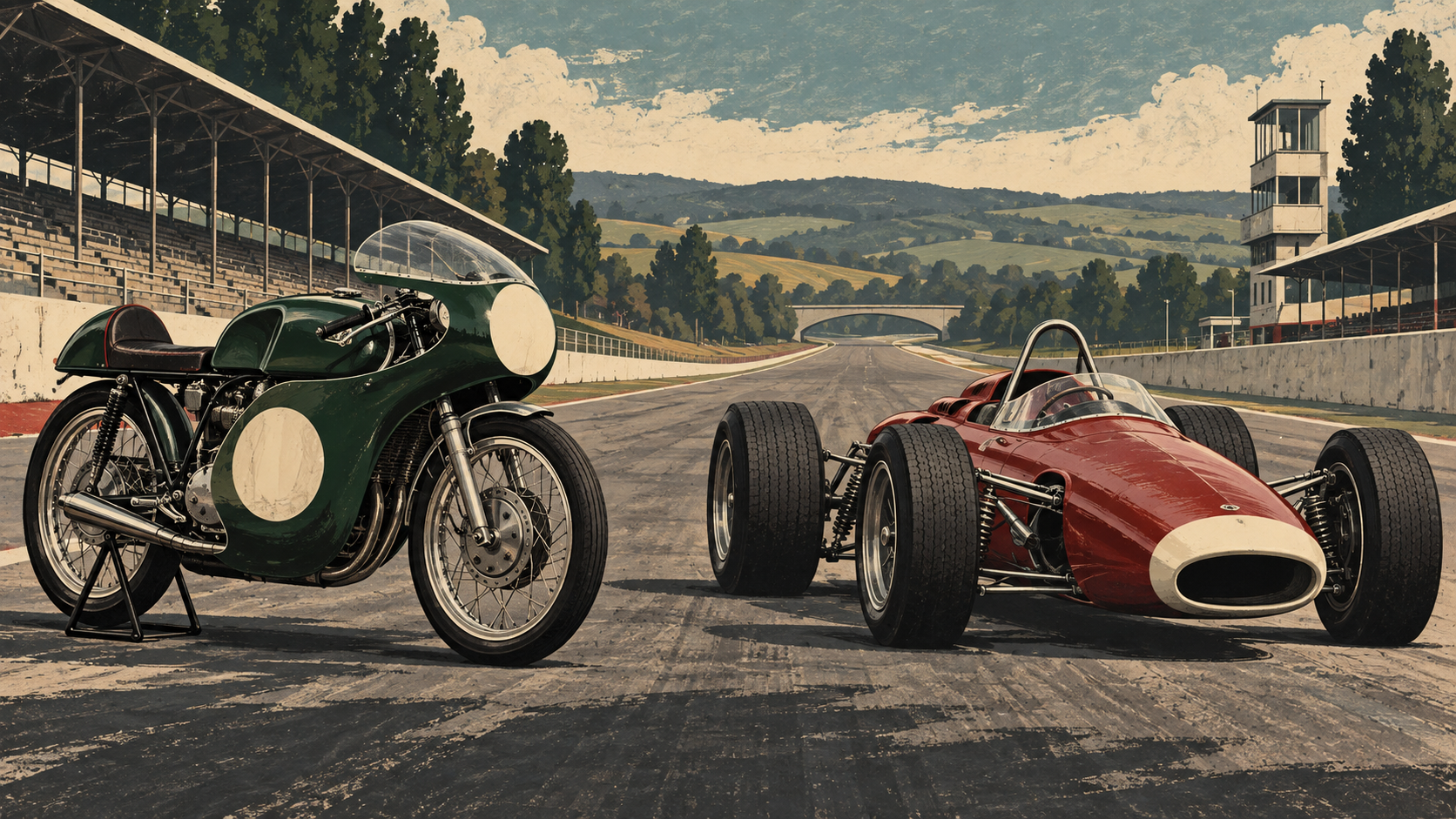Original illustration of an unbranded 1950s racing motorcycle beside an unbranded 1960s open-wheel racing car