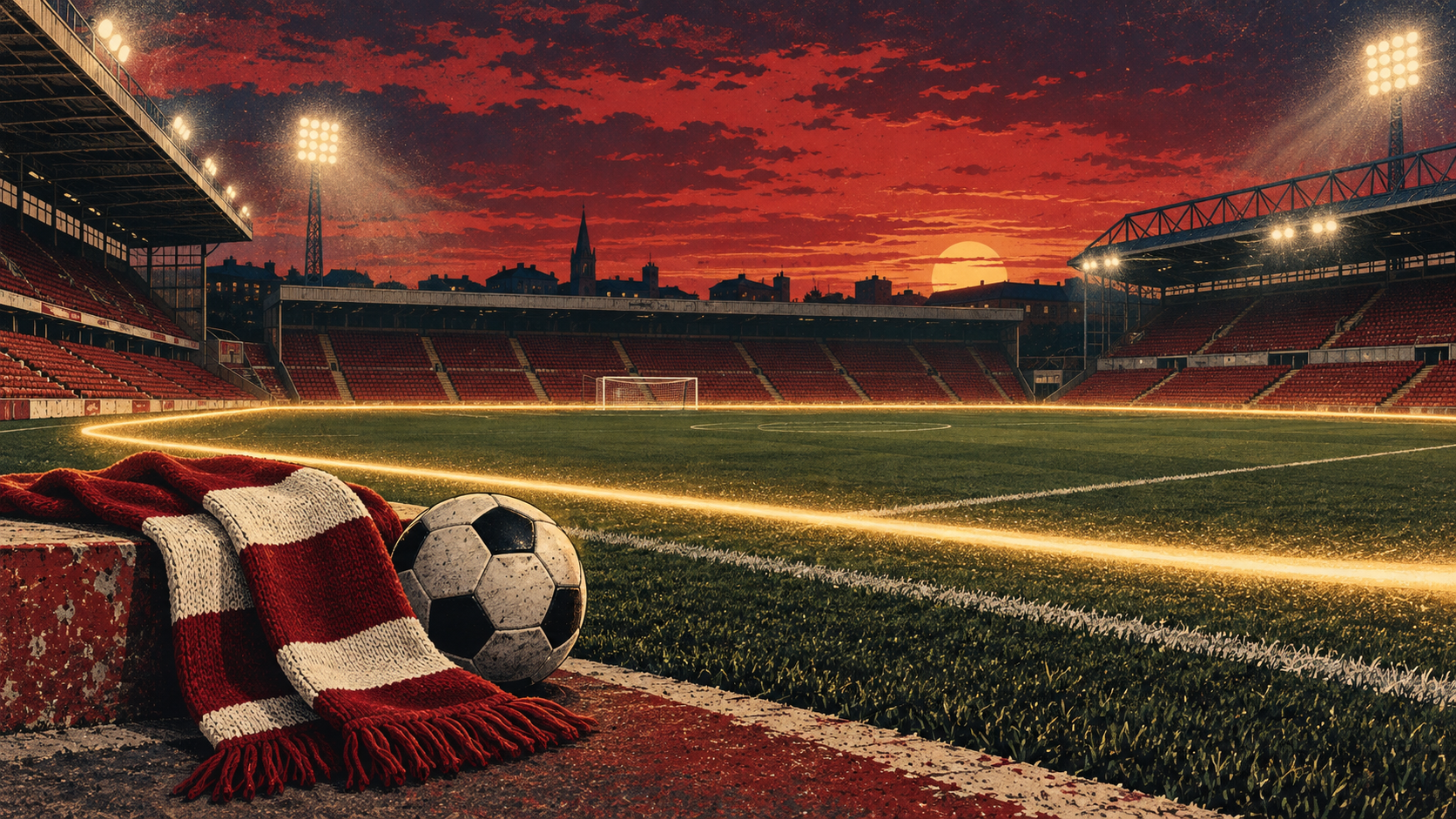 Original people-free illustration of an empty red-and-white football stadium with a golden unbroken path around the pitch