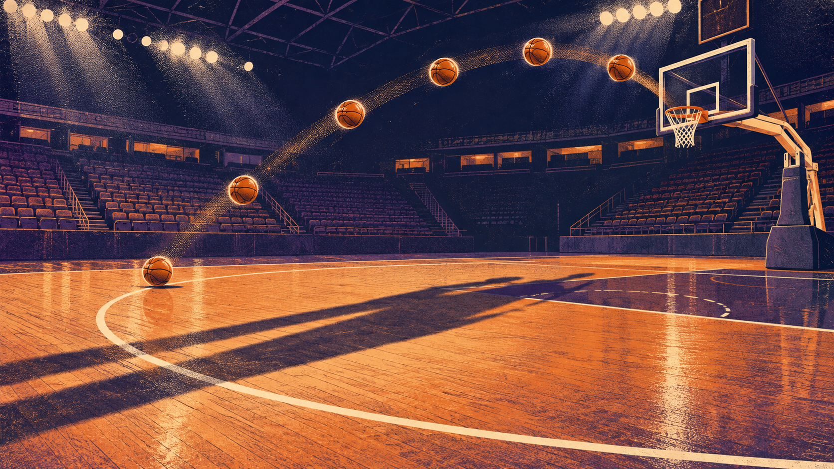 Original people-free illustration of six basketballs arcing toward a hoop on an empty 1990s-style court