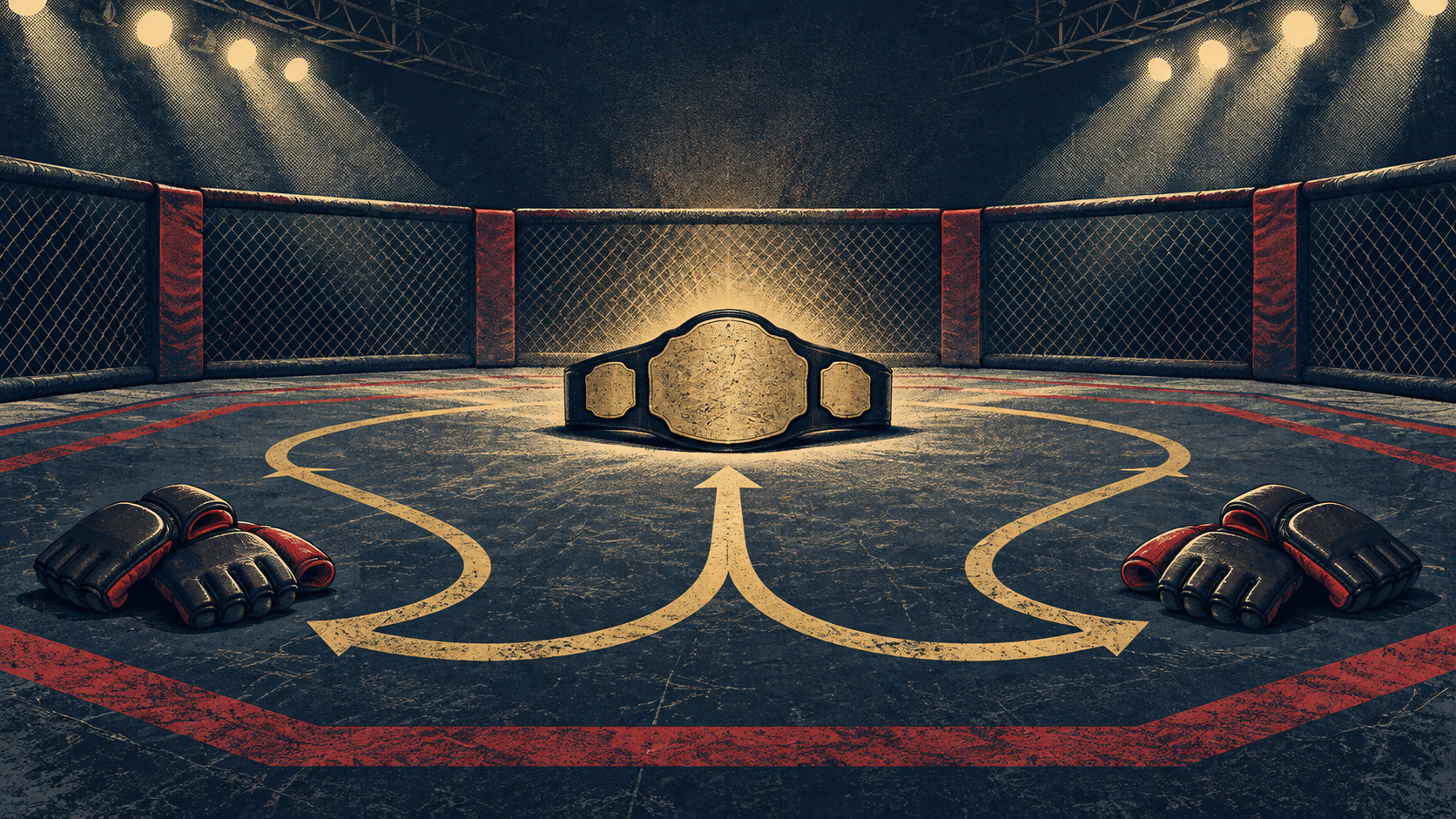 Original people-free illustration of two pairs of MMA gloves connected by paths to an unbranded championship belt