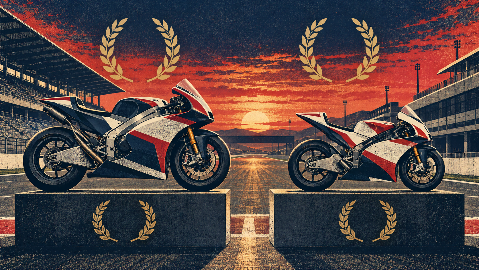 Original people-free illustration of two modern unbranded Grand Prix motorcycles on matching championship platforms