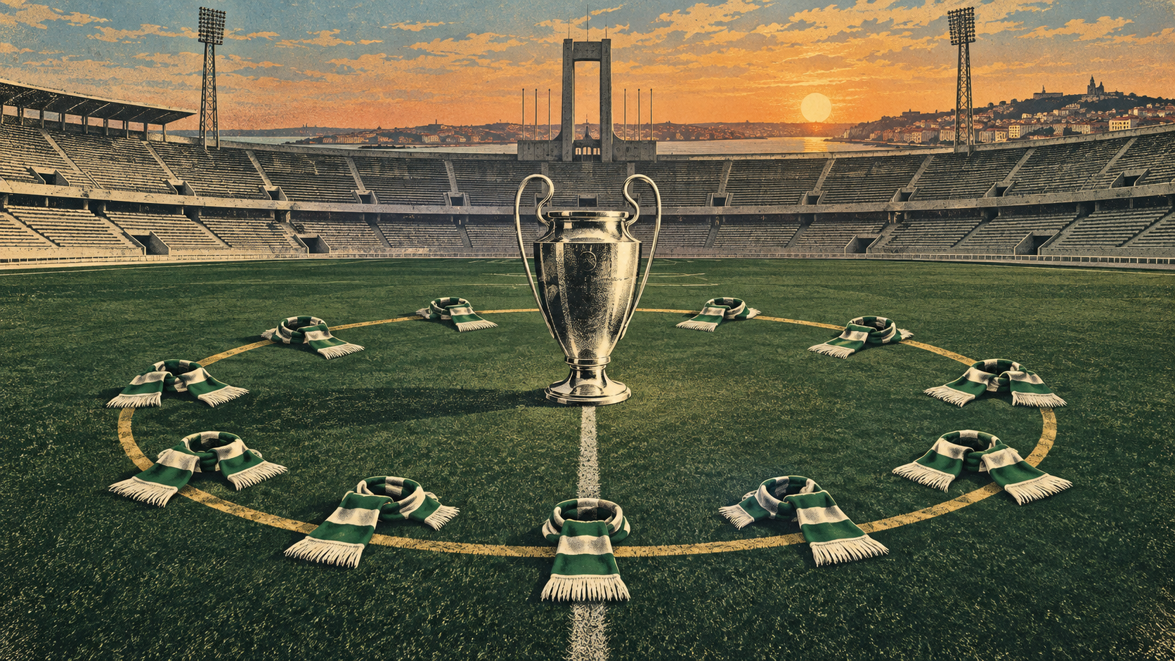 Original people-free illustration of an empty 1960s football stadium with a European trophy and green-and-white scarves