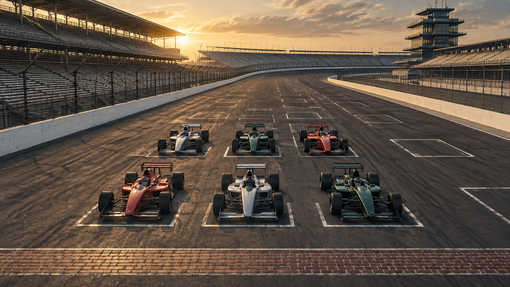 Original people-free illustration of exactly six unbranded open-wheel cars on an otherwise empty starting grid