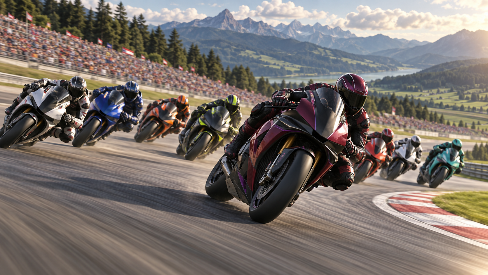 Original illustration of a fully helmeted rider on an unbranded burgundy motorcycle charging through a Grand Prix pack on an Alpine circuit