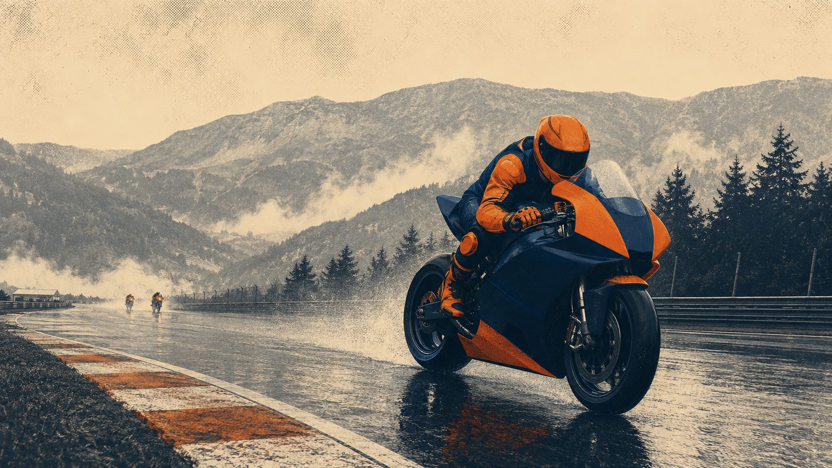 Original illustration of a helmeted white South African rider moving through heavy rain on an unbranded motorcycle with slick tires
