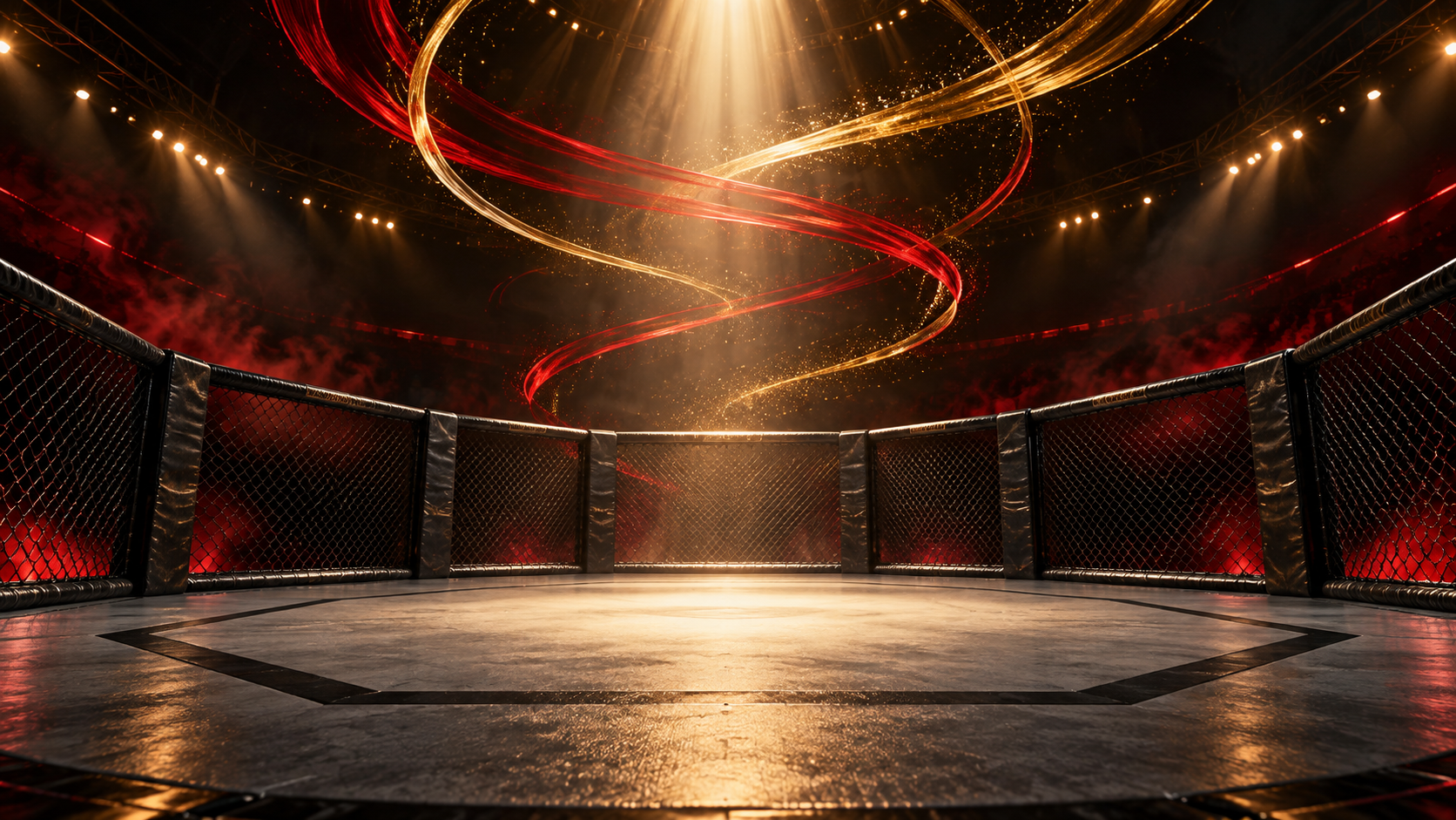 An empty octagonal cage beneath red and gold ribbons of light symbolizing a new striking record