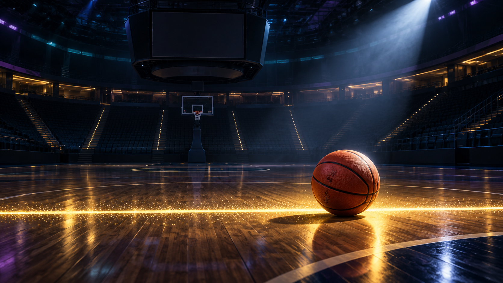 A basketball resting beyond a glowing finish line on an empty arena court
