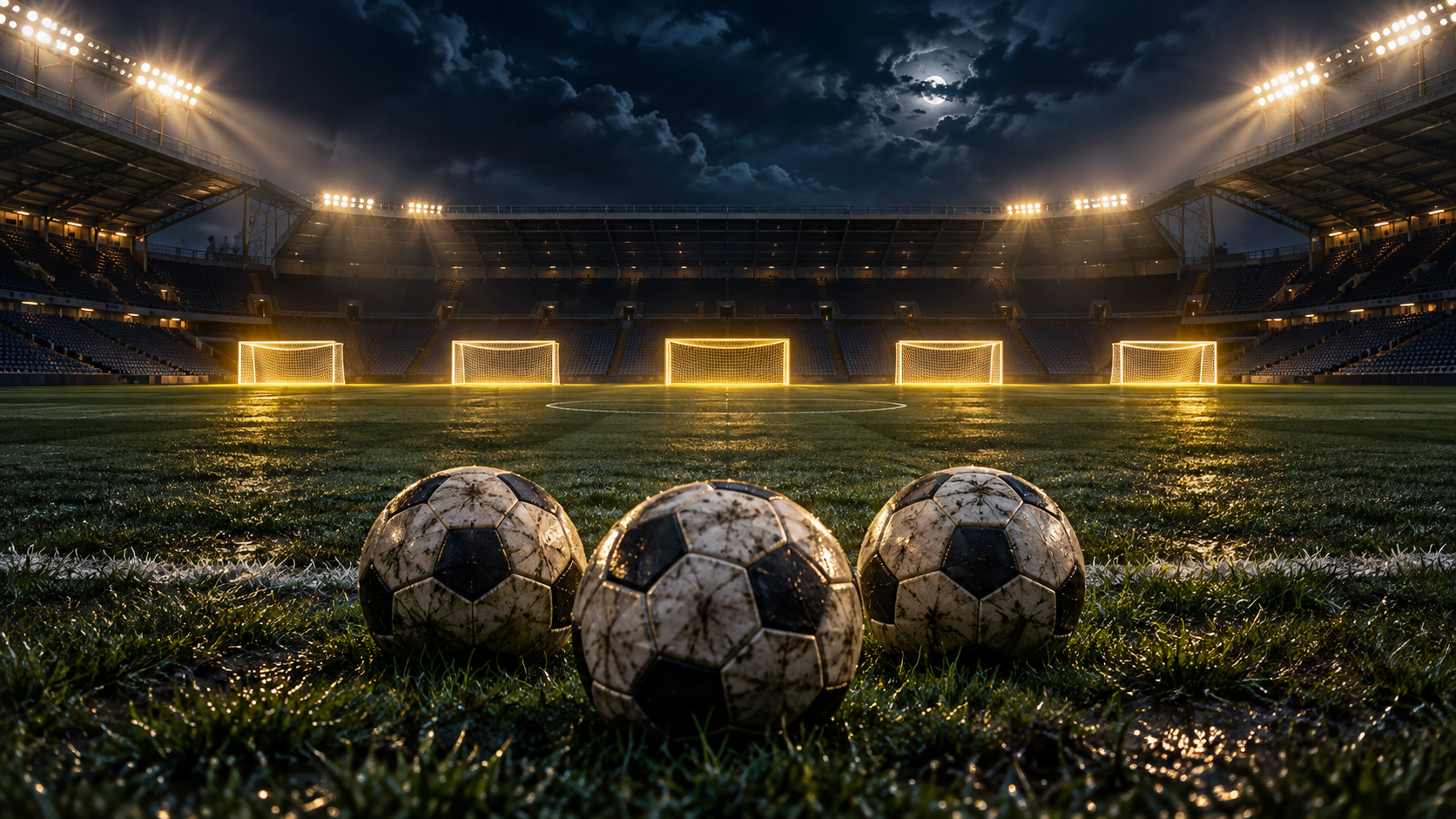 Three soccer balls on an empty floodlit pitch