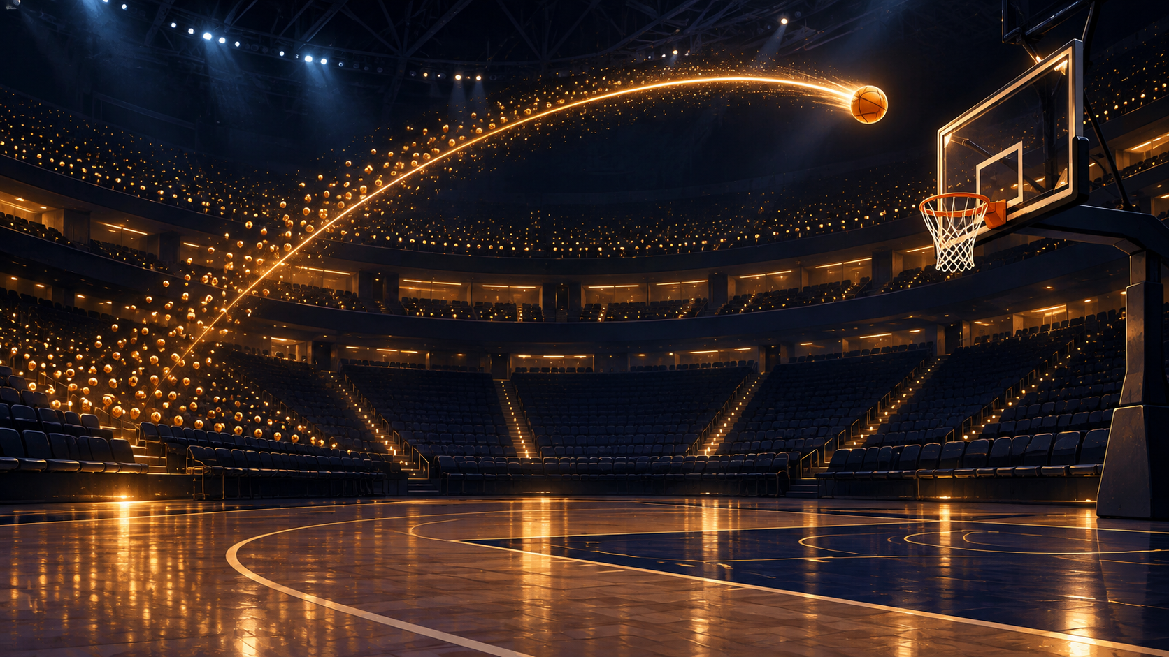 A glowing basketball arcs toward a hoop in an empty dark arena with hundreds of golden lights