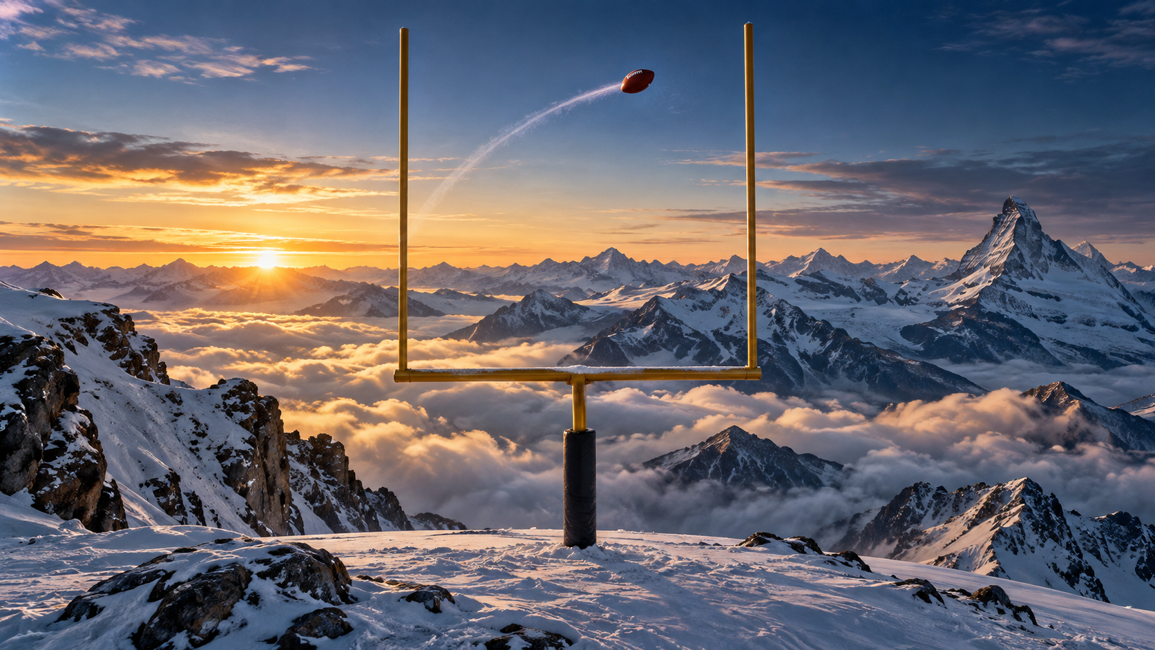 An American football sails between goalposts on a snowy Alpine ridge above the clouds