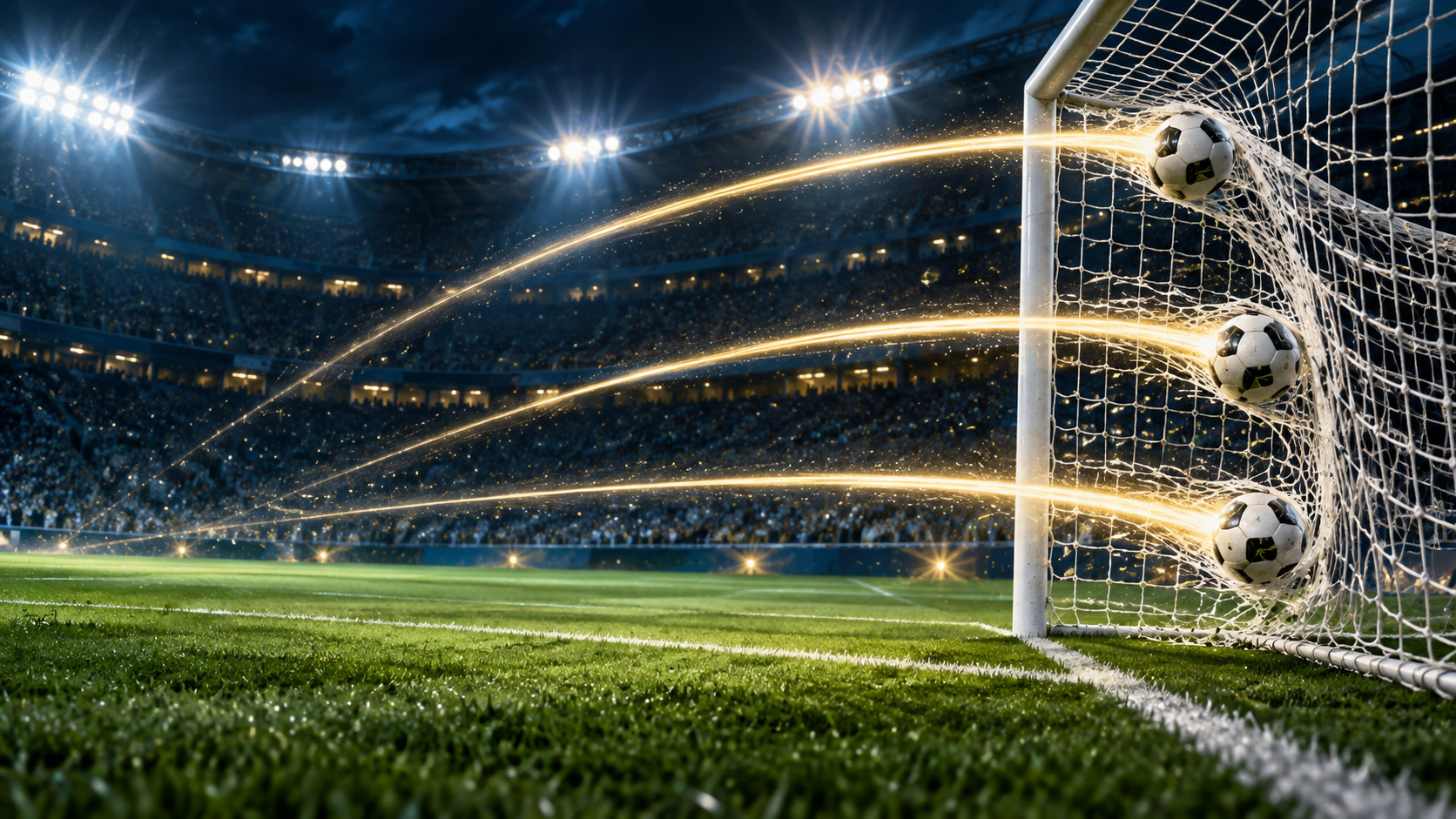 Three footballs strike the same net under bright stadium floodlights