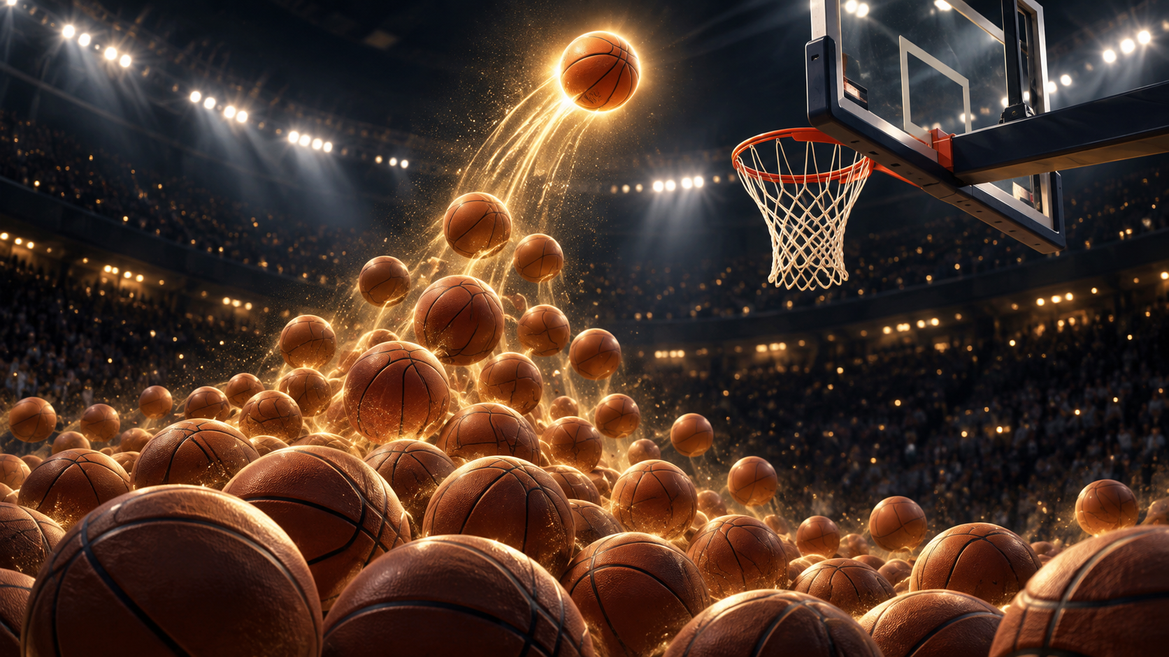 A wave of basketballs rises toward a hoop in a brightly lit arena