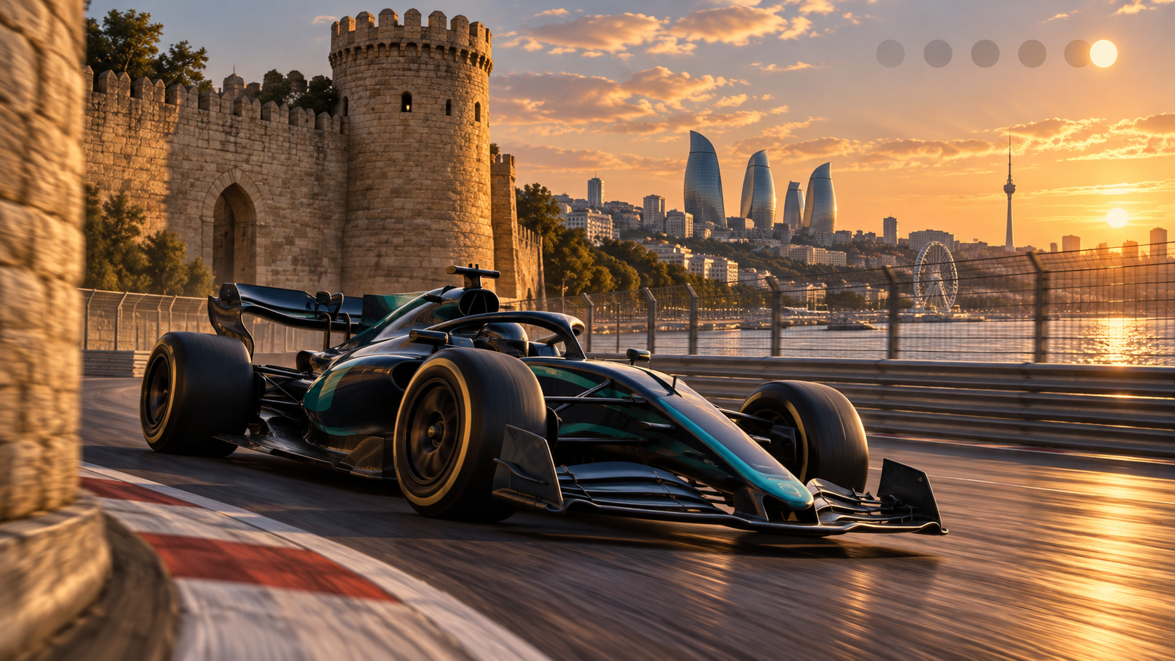 A generic open-wheel race car speeds beside old stone walls on a waterfront street circuit
