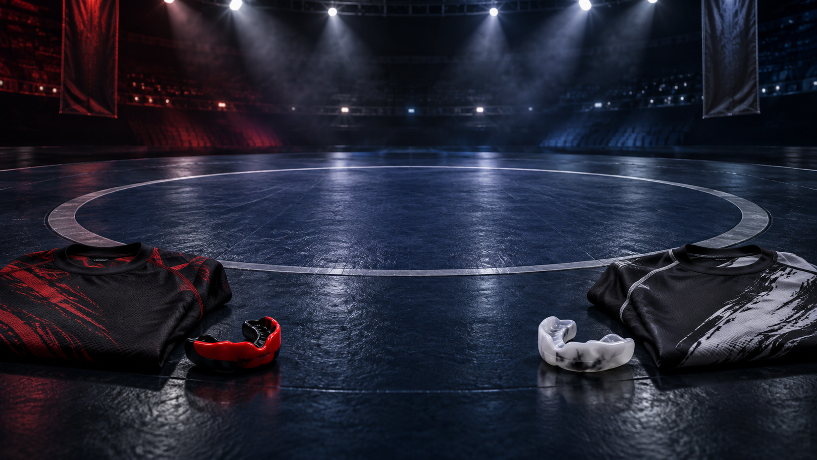 Empty submission-grappling arena with two rash guards and mouthguards beside the mat