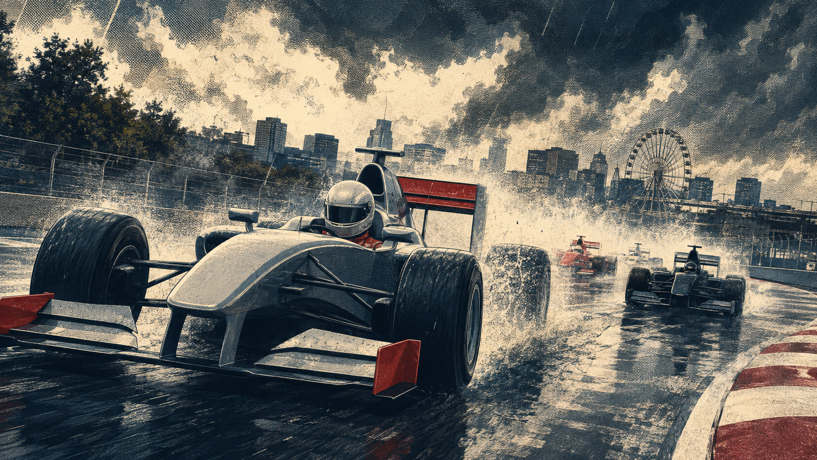 Original editorial illustration of an unbranded silver Formula racing car charging through heavy rain in Montreal