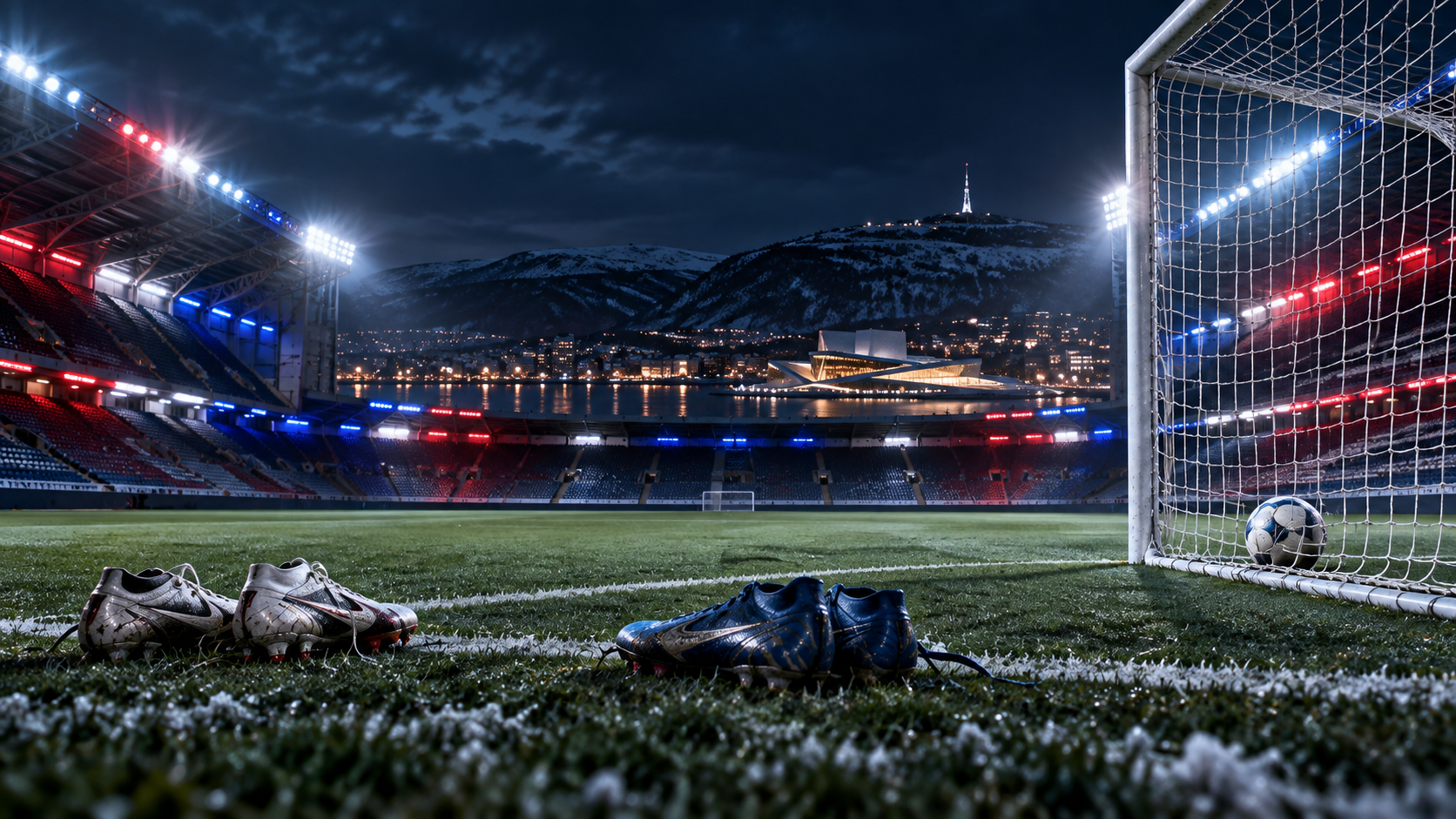 Empty Nordic football stadium at night with a ball in the goal and two pairs of boots beside the pitch