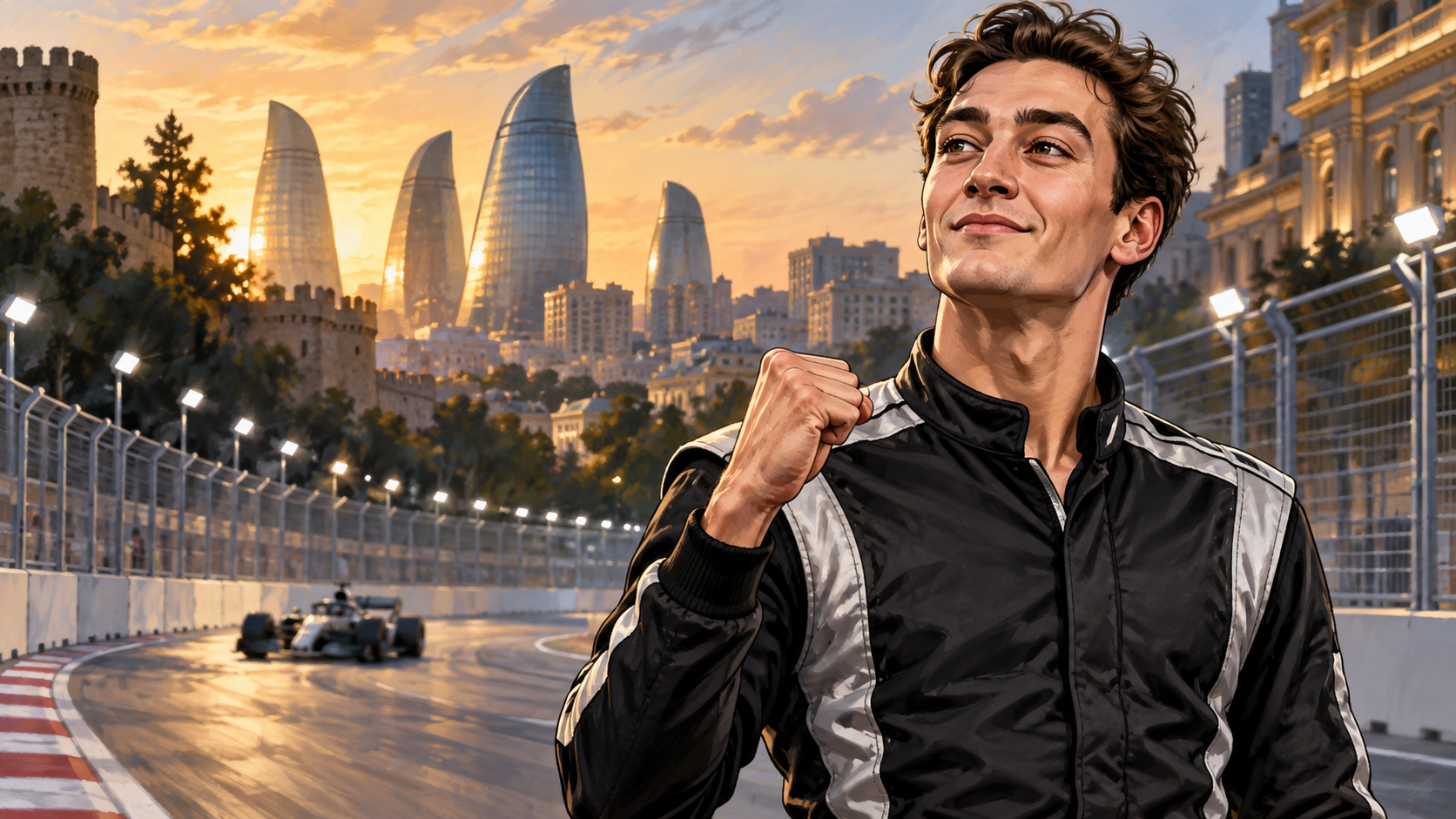 Editorial caricature of George Russell celebrating beside a generic Baku street circuit