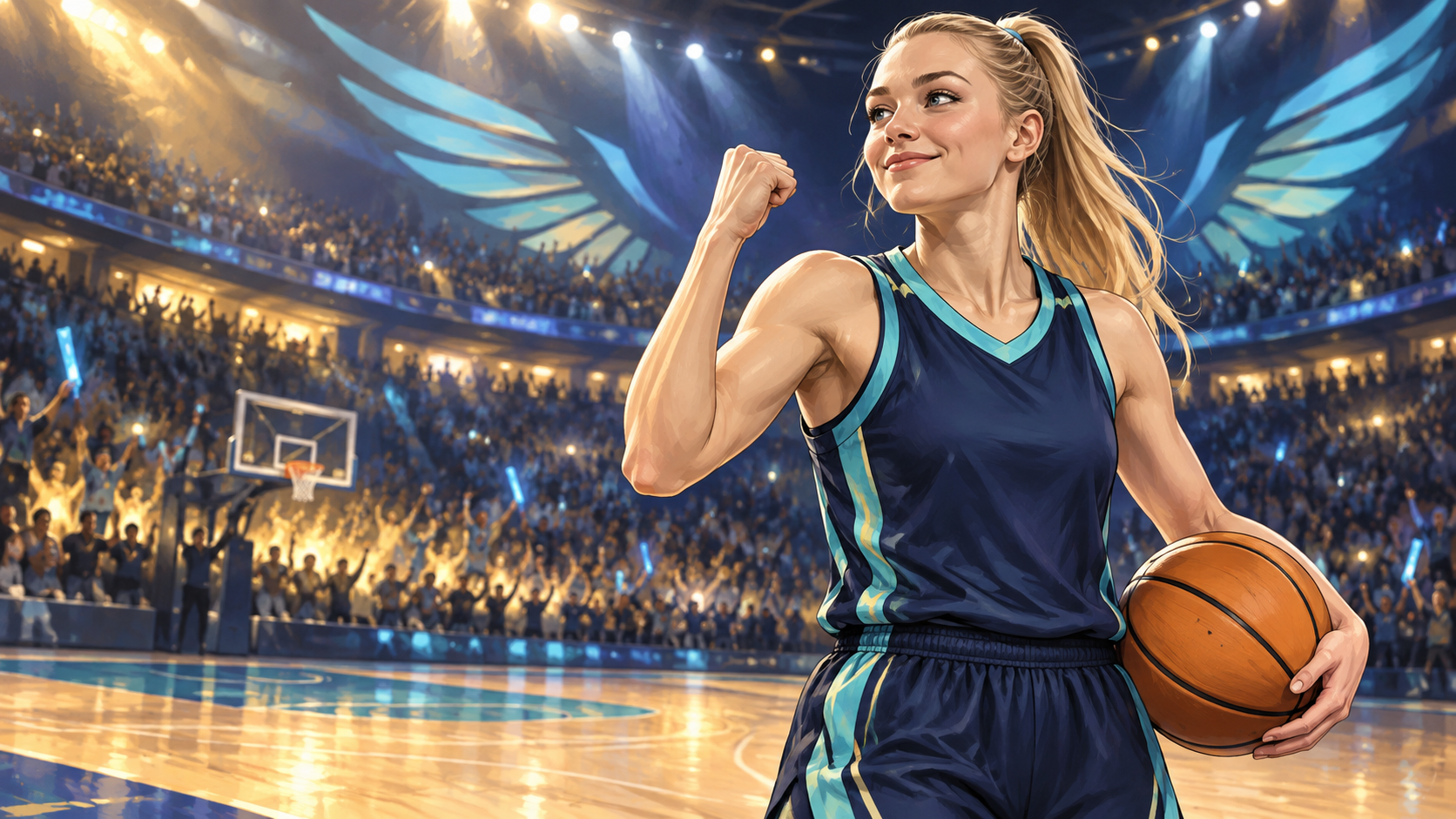 Editorial caricature of Paige Bueckers celebrating with a basketball in a navy and teal arena