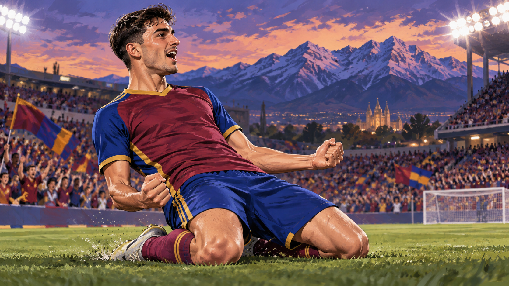 Editorial caricature of Sergi Solans celebrating on a floodlit football pitch with Utah mountains behind him