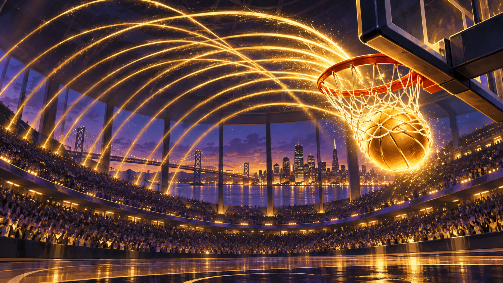 People-free editorial illustration of a glowing basketball dropping through a hoop above the San Francisco skyline