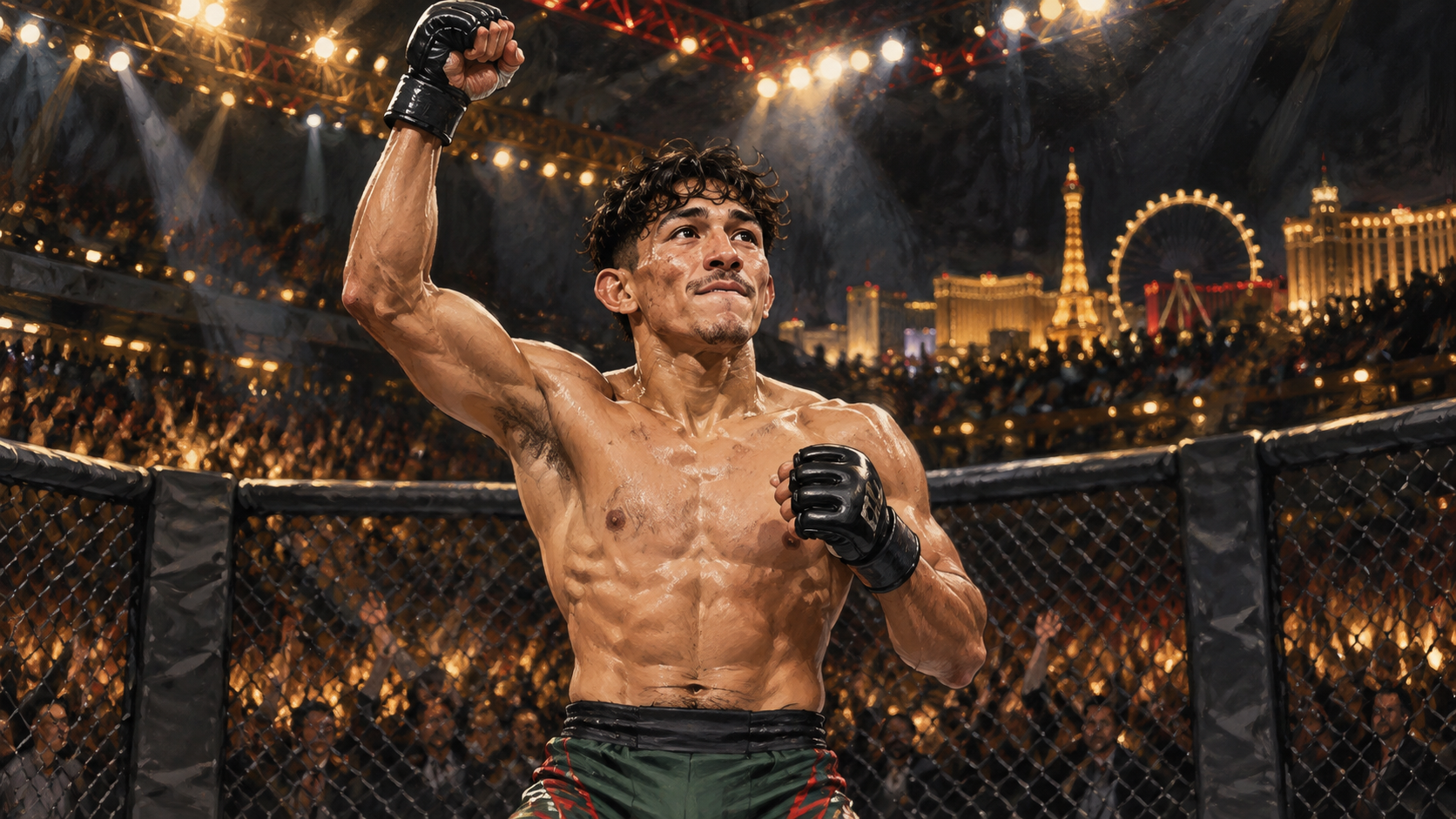 Respectful editorial caricature of Raul Rosas Jr. celebrating inside an MMA cage in Las Vegas