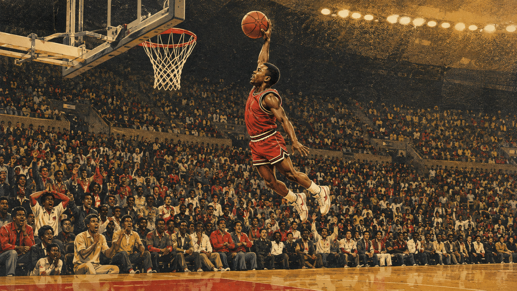 Original editorial illustration of a short Black basketball guard soaring toward the rim in a 1986-era arena